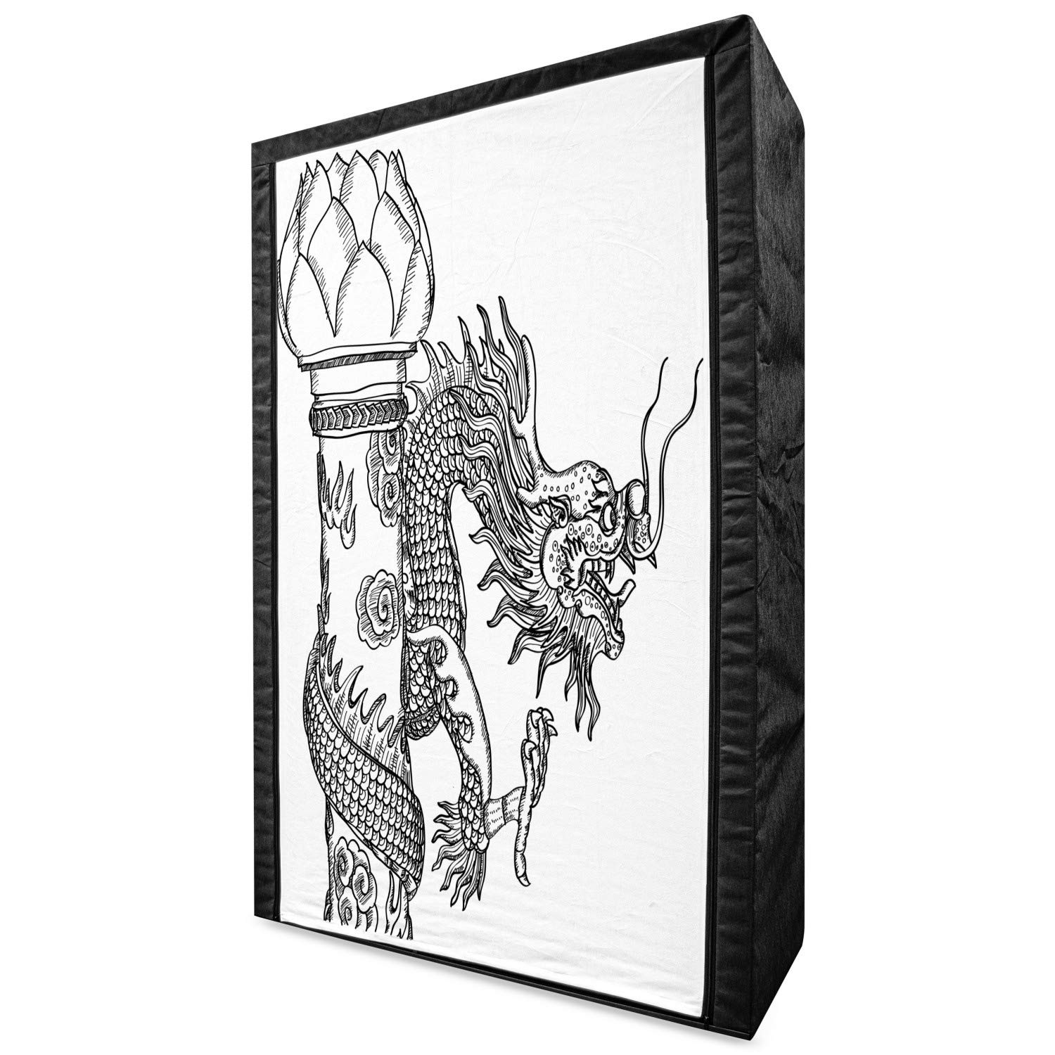 Ambesonne Dragon Fabric Wardrobe - Chinese Style Medieval Fantasy Creature Design, Portable Clothing Organizer with Shelves, 42.5 Inch Black & White Storage Closet for Bedroom, Dorm, or Travel Use