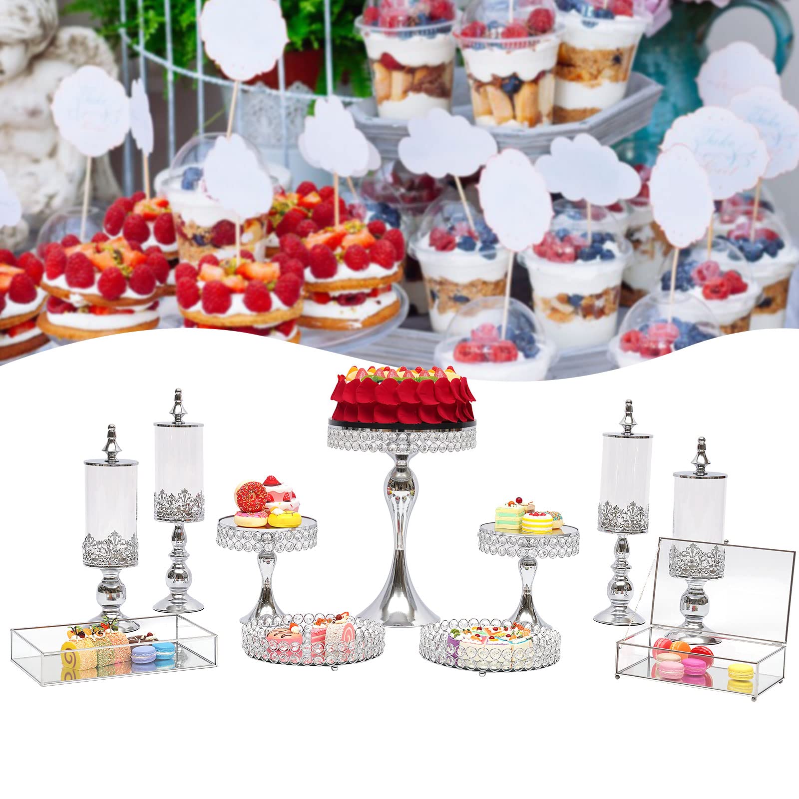 11-Piece Silver Crystal Wedding Cake Stand Set - Elegant Crystal Plated Dessert Display Tower for Wedding, Birthday, Party | Perfect for Cakes, Cupcakes, Cheese & Dessert Presentation
