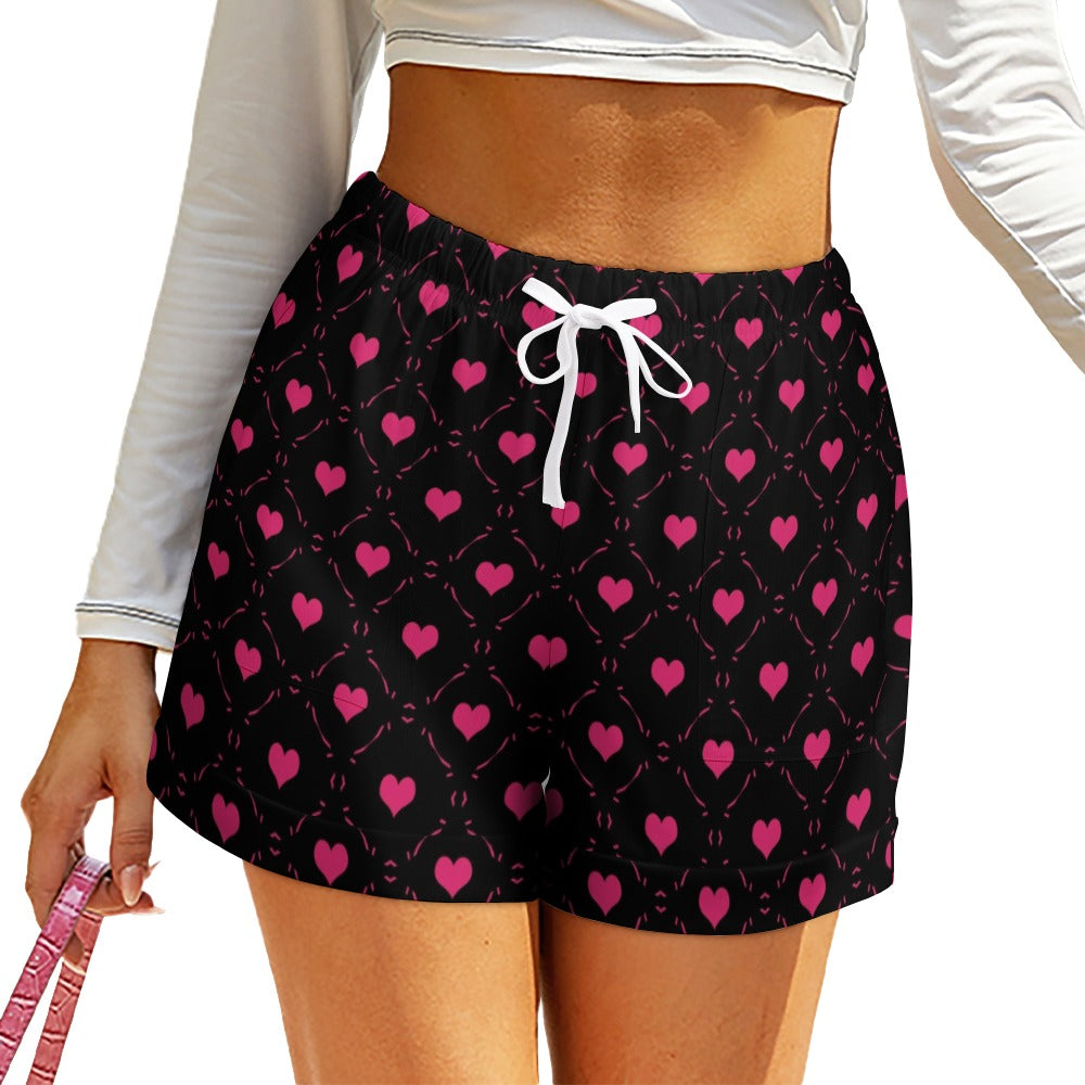 Little Pink Hearts High Waist Loose Elastic Waist Shorts - Women's Casual Summer Fashion Shorts for Beach, Vacation & Everyday Wear