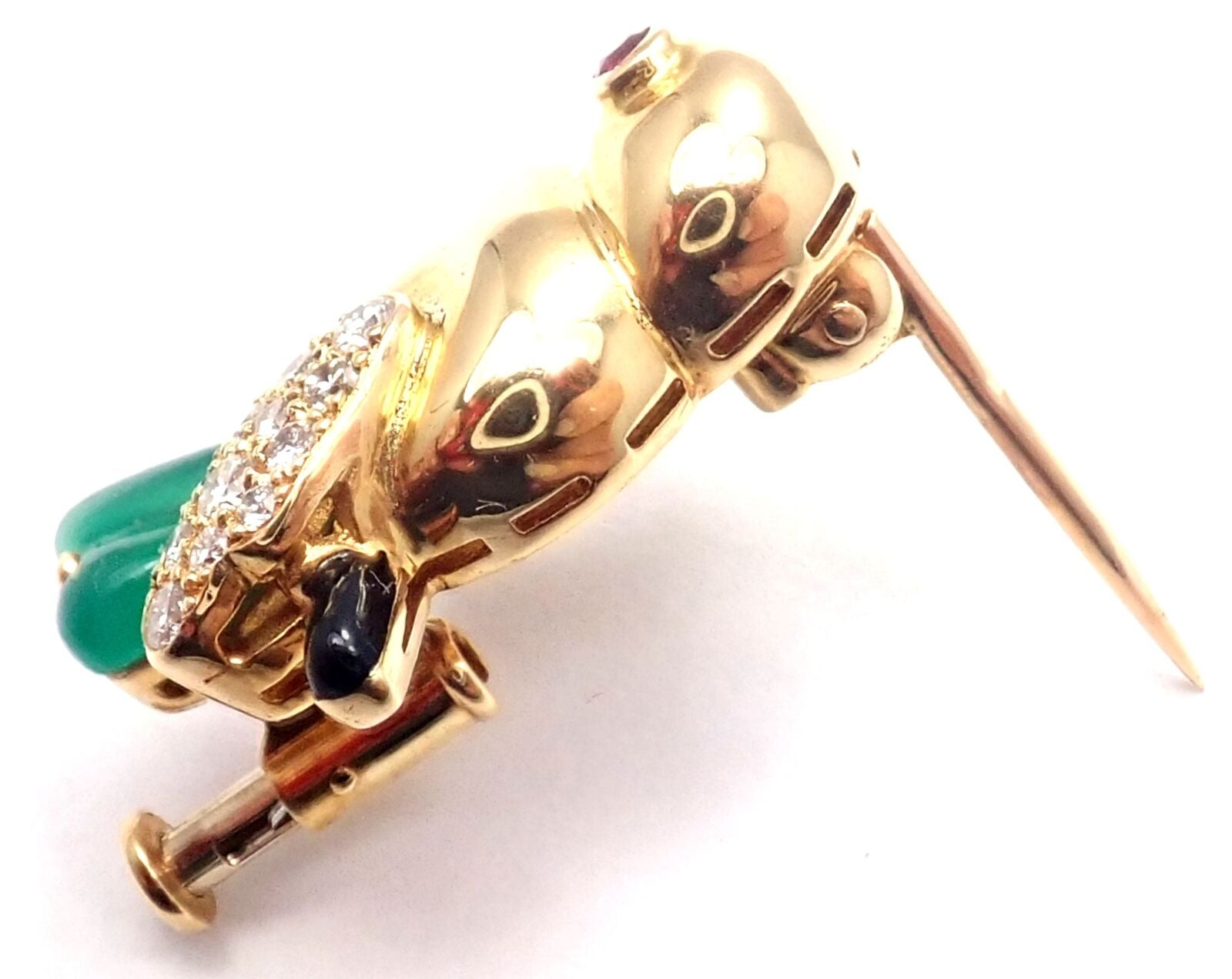 Authentic Cartier 18K Yellow Gold Diamond Onyx Ruby Chalcedony Bird Pin Brooch - Luxury Vintage Jewelry for Women, Perfect for Special Occasions & Gift Giving