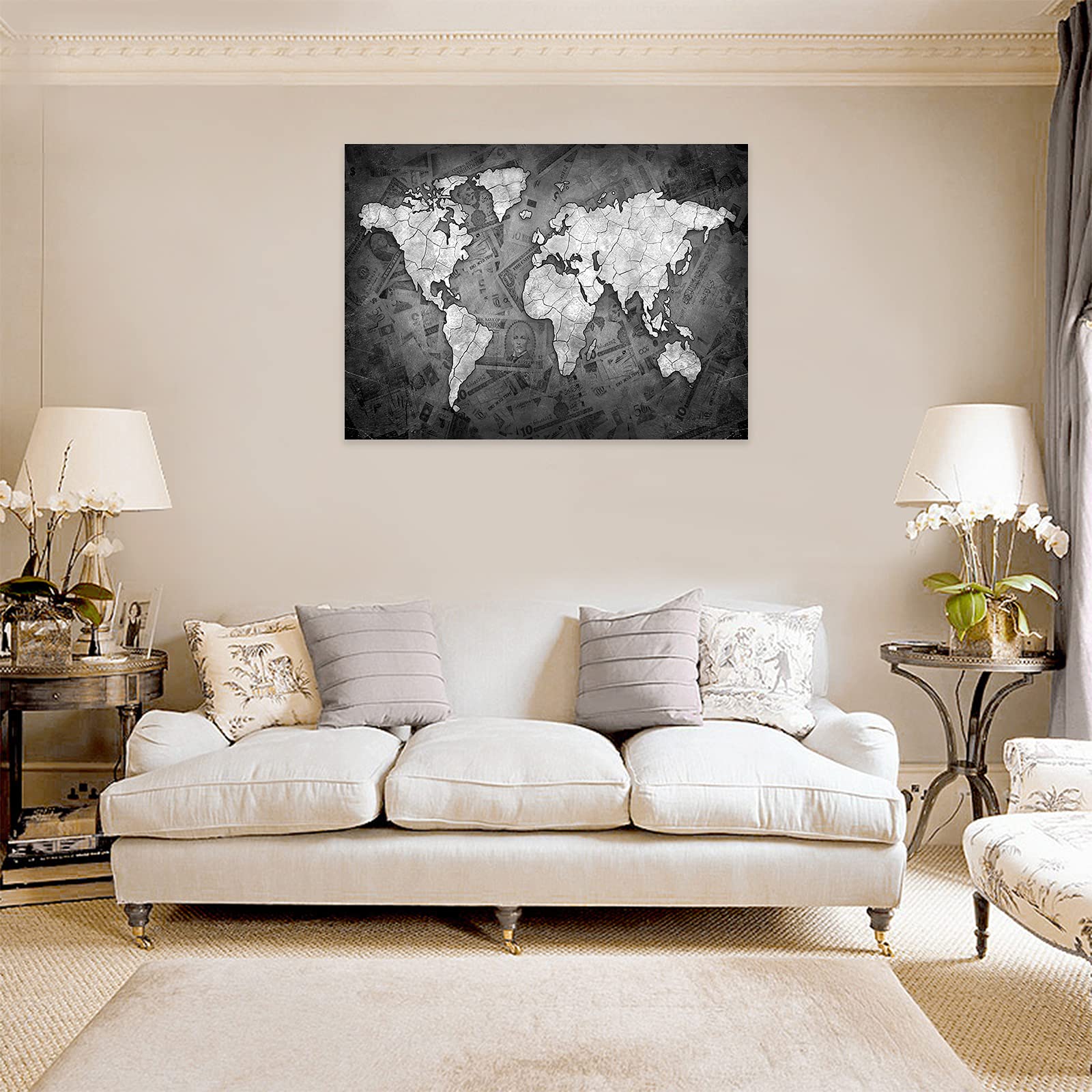 Black and White World Map Canvas Wall Art - 40x28 Inches Framed Travel Map Print for Bedroom, Home & Office Decor - Ready to Hang Beige Background Wall Art - Perfect for Travel Enthusiasts & Geography Lovers