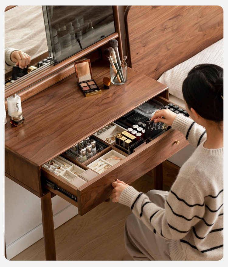 Solid Black Walnut Wood Mirror Dressing Table with Storage | Makeup Vanity Desk for Bedroom | Elegant Bedroom Furniture & Cosmetics Organizer