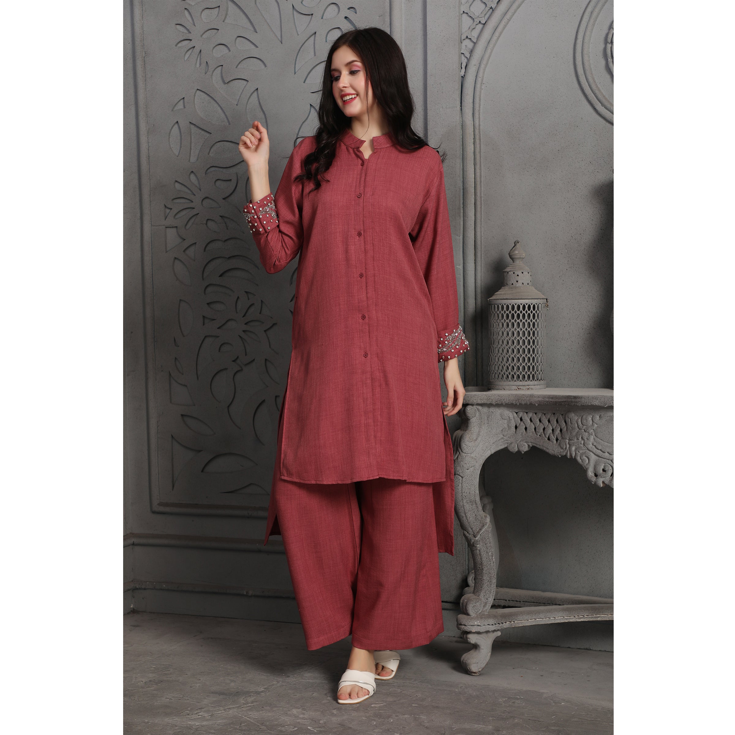 Elegant Magenta Pink Modest Co-ord Set with Hand Embroidery - Perfect for Weddings, Parties & Special Occasions