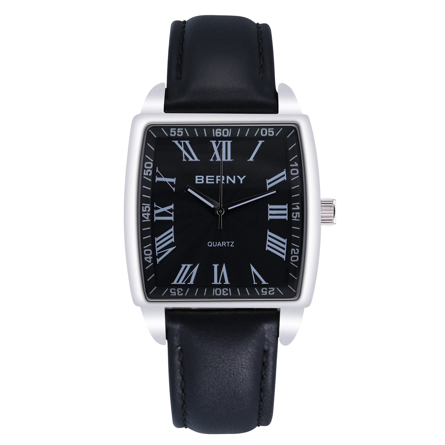 BERNY Men's Luxury Watch - Stainless Steel, Leather Strap - Roman Numerals - for Business & Formal Occasions