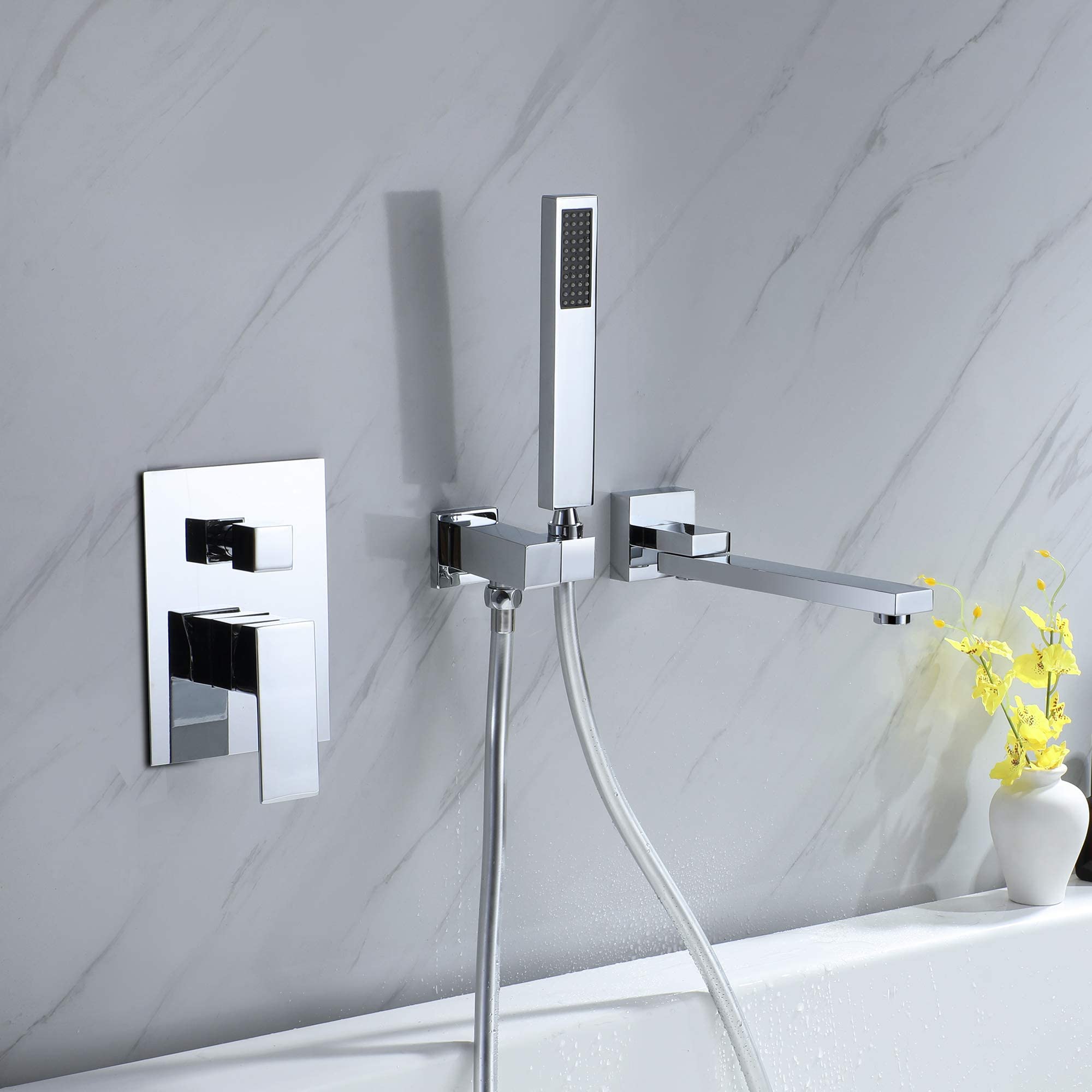 Chrome Bathtub Faucet with Handheld Shower - 3 Hole Bathroom Faucet with Waterfall Spout & 2 Crystal Knobs - Perfect for Modern Bathroom Renovation and Spa-Like Shower Experience
