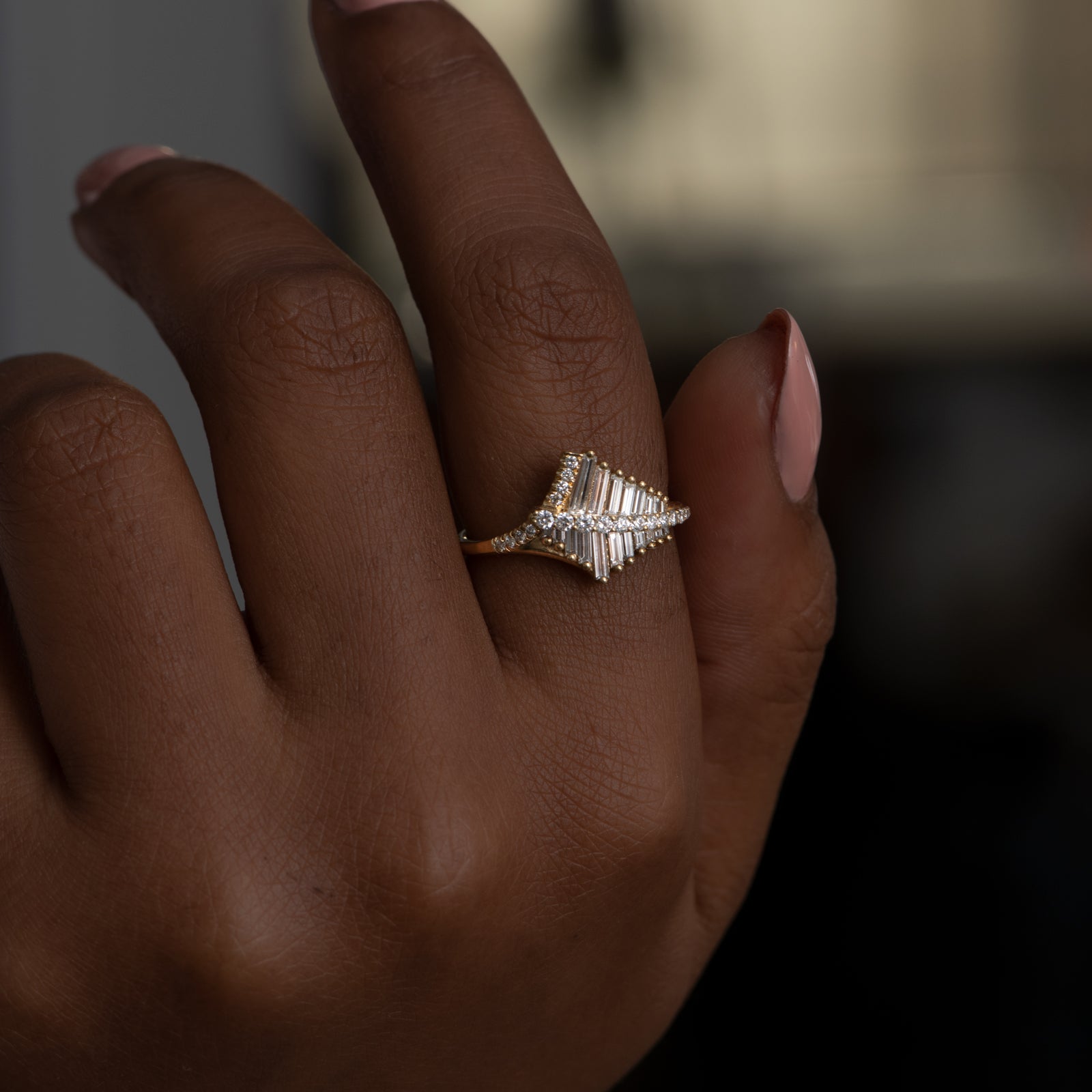 Asymmetrical Baguette Cluster Ring with Round Diamond Beams - Elegant Statement Jewelry for Women, Perfect for Weddings, Parties & Special Occasions