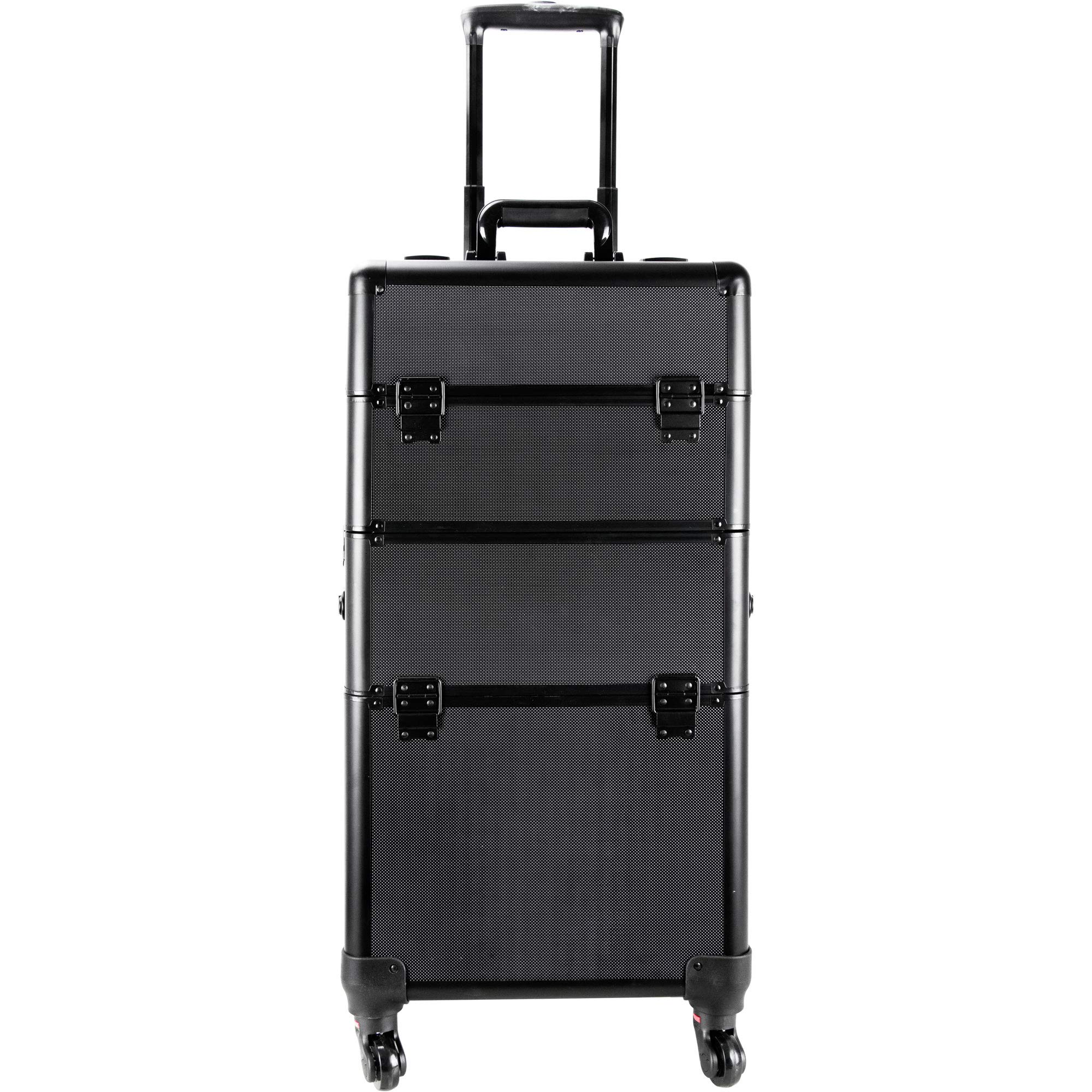 Ver Beauty 3-in-1 Professional Rolling Makeup Case - 4 Removable Wheels, Extendable Trays with Dividers & Mirror - Aluminum Art Craft & Tattoo Organizer for Artists, Salon, Travel & Mobile Beauty Services