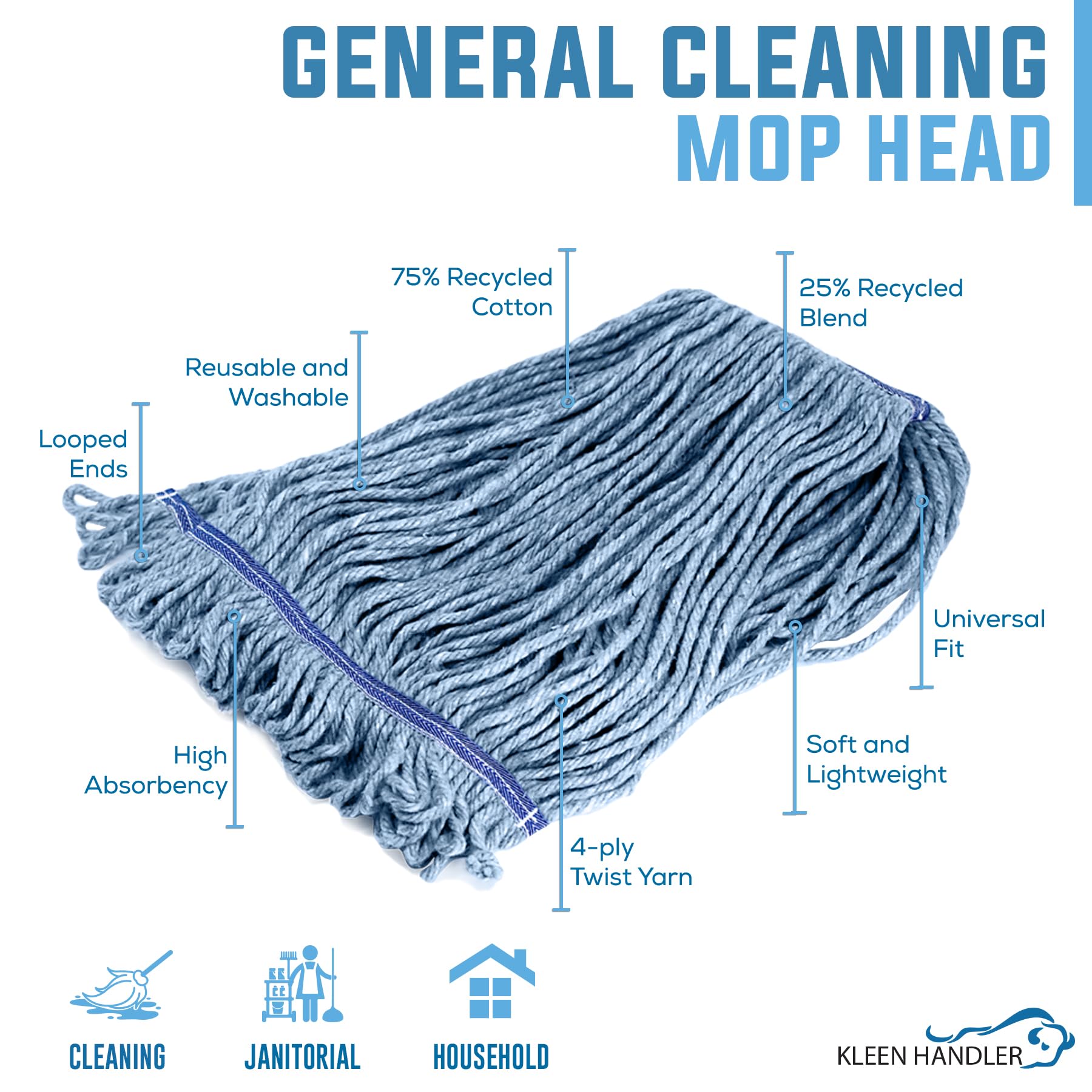 24-Pack Heavy Duty Commercial Mop Head Refills - Industrial Cotton Loop End String Mop Replacement Heads for Wet Cleaning - Blue Mop Heads - Perfect for Restaurants, Schools, and Janitorial Services
