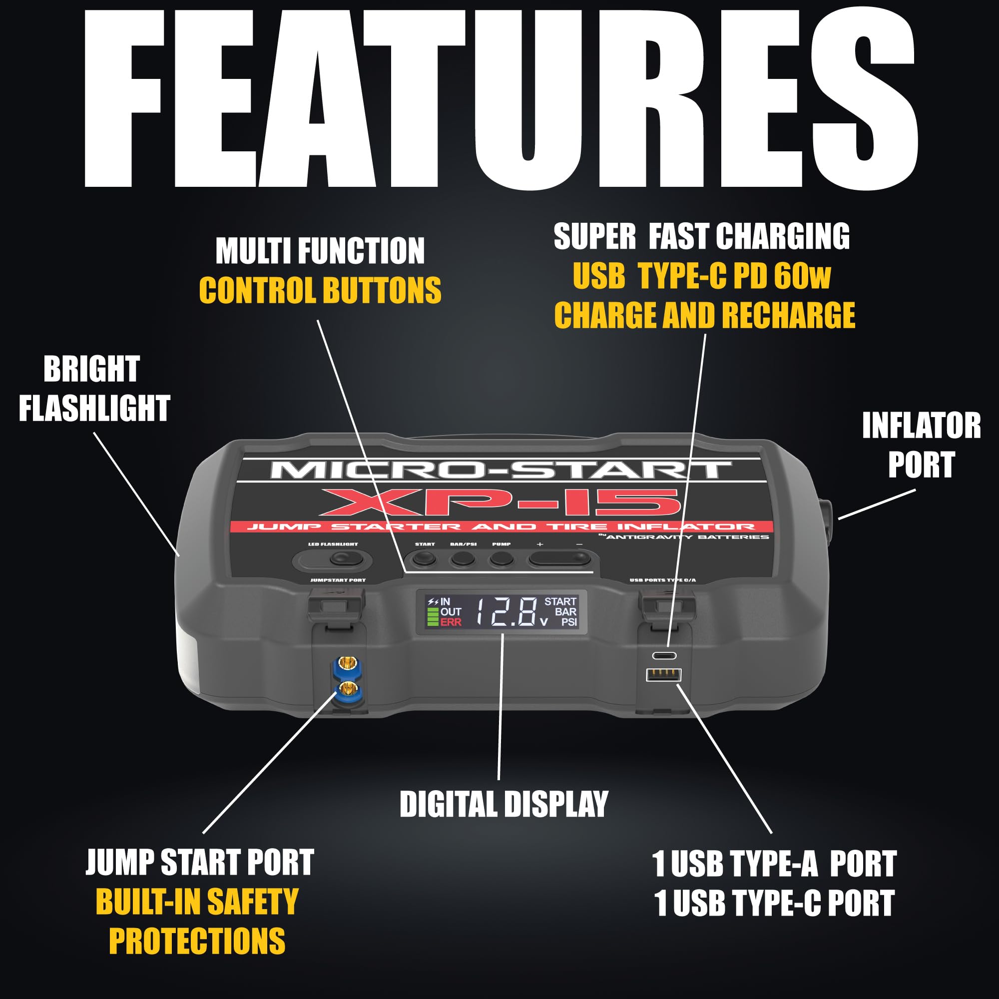 Antigravity XP-15 Micro-Start Lithium Jump-Starter with Built-in Air Compressor - 2000A Peak Portable Power Bank for Gas & Diesel Vehicles - USB-C & USB-A Charging Ports for Phones & Electronics - Emergency Car Battery Booster for Road Trips & Outdoor Adventures