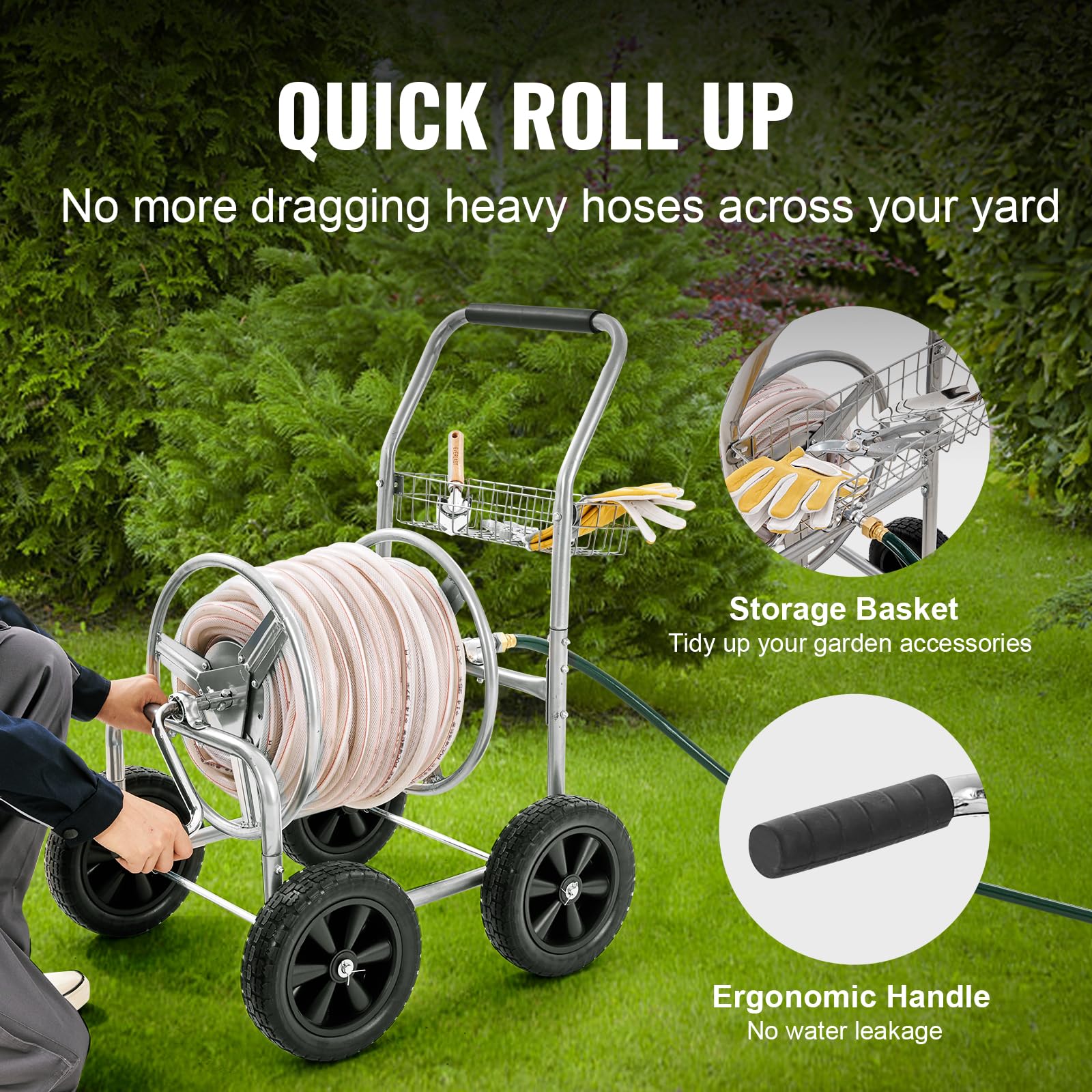 VEVOR Heavy Duty Garden Hose Reel Cart with 4 Wheels - Holds 250 ft of 5/8