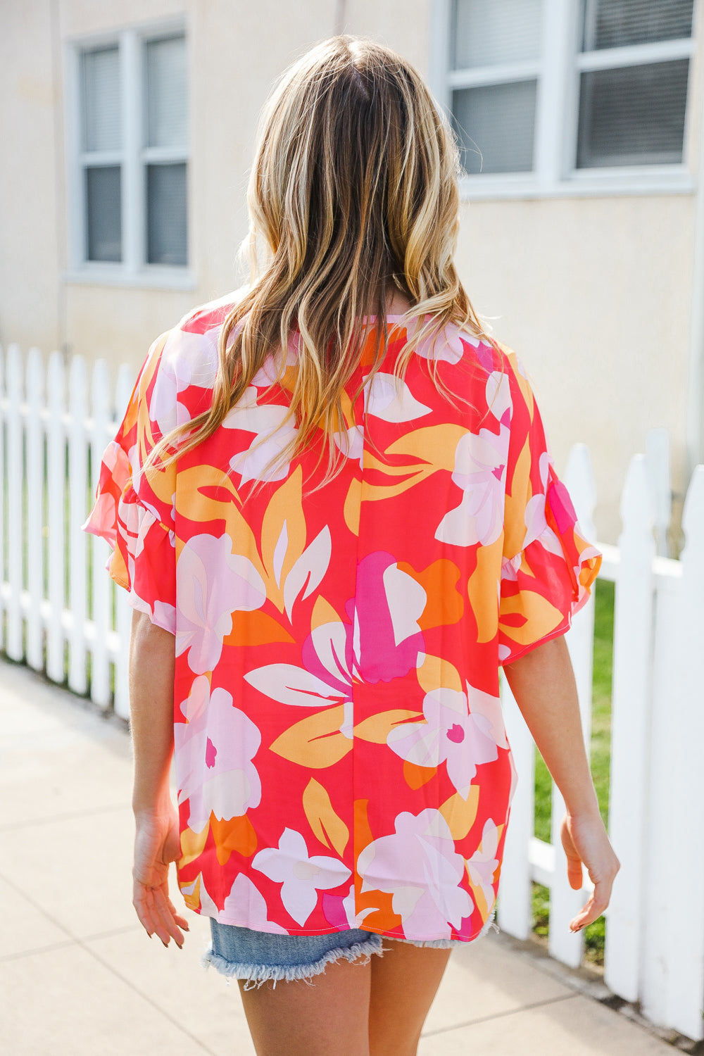 Haptics Tropical Vibes Peach Floral Dolman Ruffle Sleeve Blouse - Women's Casual Summer Top for Beach Vacation & Boho Outfits