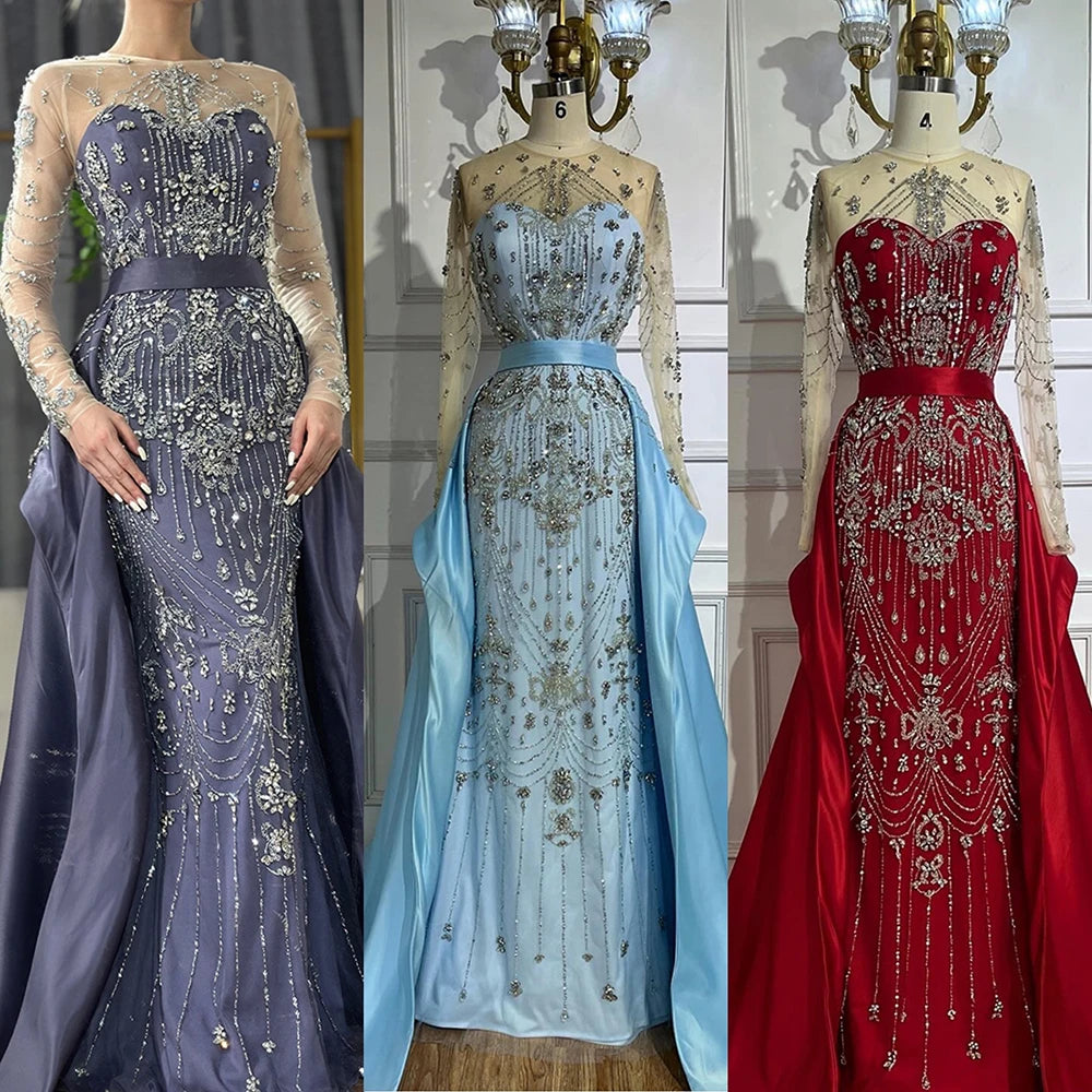 Luxury Dubai Elegant Blue Saudi Arabic Evening Gown with Overskirt - Crystal Beaded Formal Dress for Women - Perfect for Weddings, Galas & Special Occasions LA72757