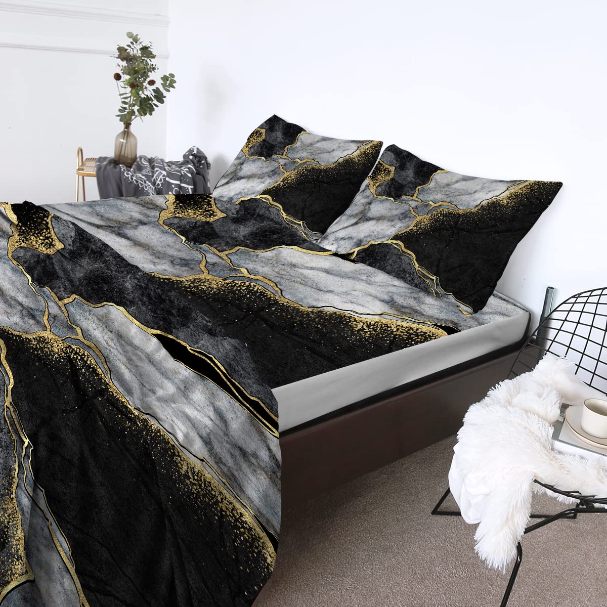 BlessLiving Marble Printed Queen Sheet Set - Black Gold White Luxury Bedding - 1 Fitted Sheet, 1 Flat Sheet & 2 Pillowcases - Soft Brushed Microfiber Fabric - Ultra-Soft & Breathable Deep Pocket Sheets - Perfect for Master Bedroom, Guest Room & Hotel Style Decor (Queen Size)