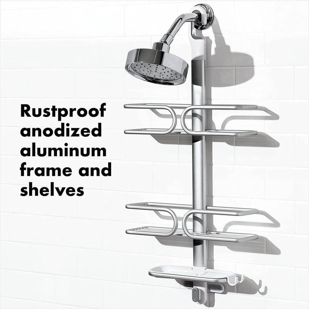 OXO Good Grips 3-Tier Aluminum Shower Caddy Organizer - Rustproof Bathroom Storage for Shampoo, Conditioner & Soap - Perfect for Showers, Bathtubs & Dorm Rooms