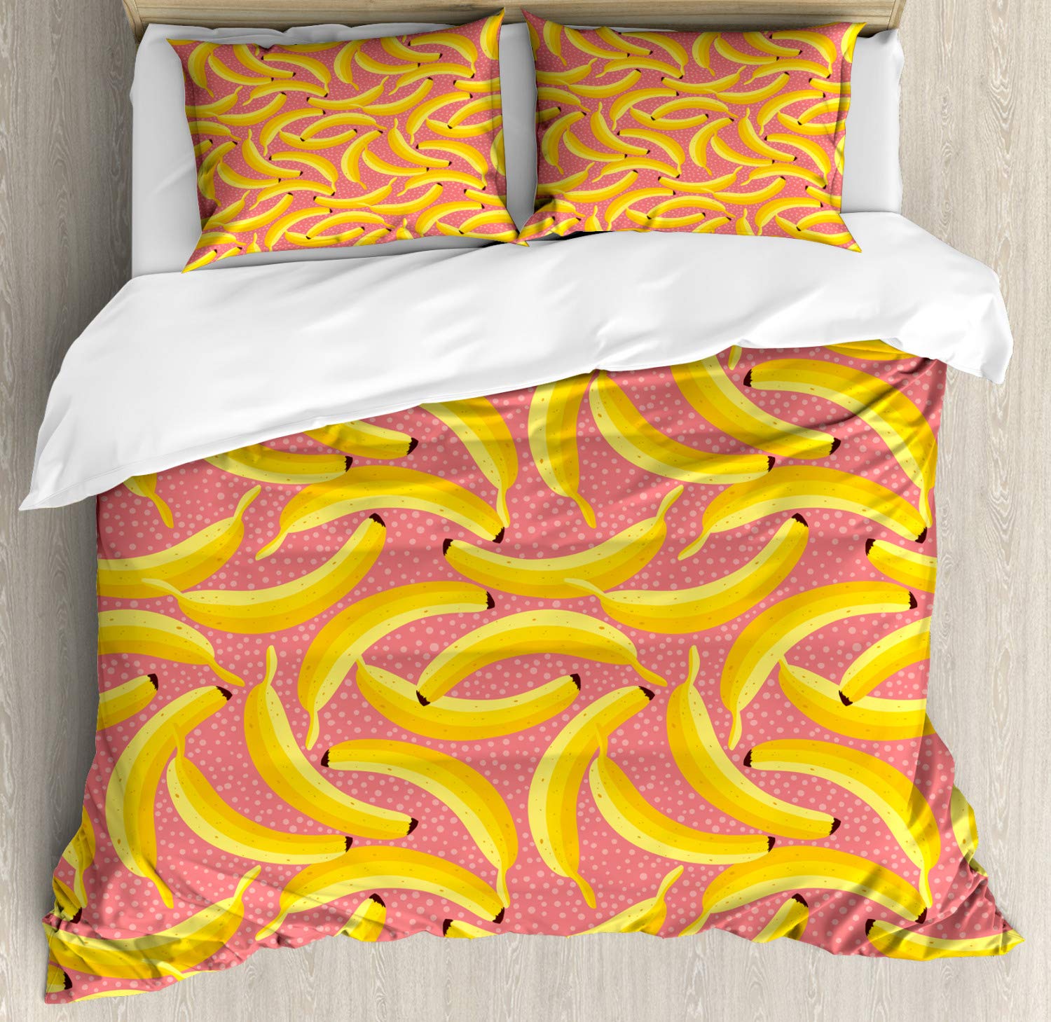 Ambesonne Banana Duvet Cover Set - Modern Exotic Fruit Pattern with Polka Dot Background, 3-Piece King Size Bedding Set Includes Duvet Cover & 2 Pillow Shams in Pastel Pink & Yellow | Perfect for Tropical Bedroom Decor, Guest Room Makeover or Unique Gift Idea