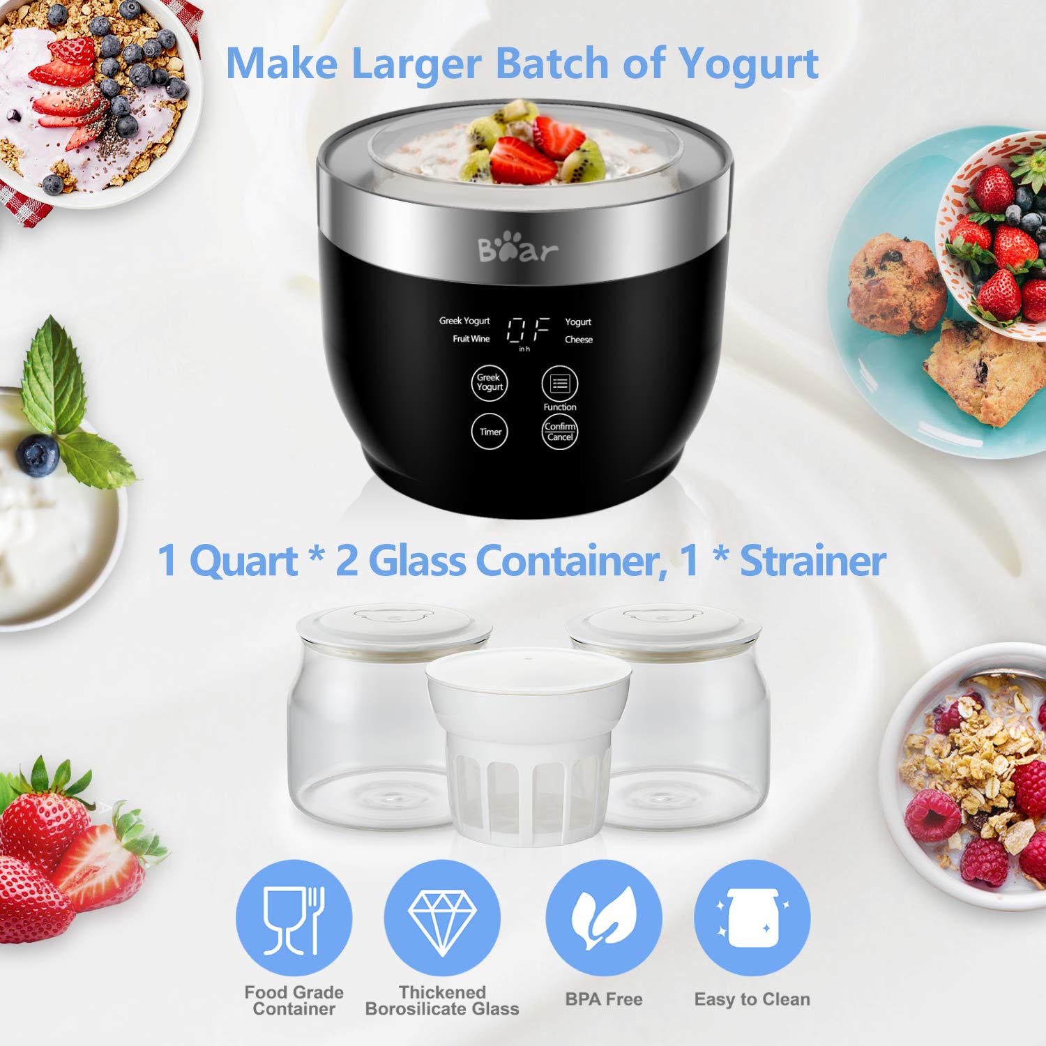 Premium Greek Yogurt Maker Machine with Strainer & Timer - Stainless Steel Inner Pot, 2 Glass Jars (1 Quart) - Automatic Digital Yogurt Maker for Homemade Organic Yogurt - Perfect for Healthy Breakfast, Snacks & Keto/Low-Carb Diets