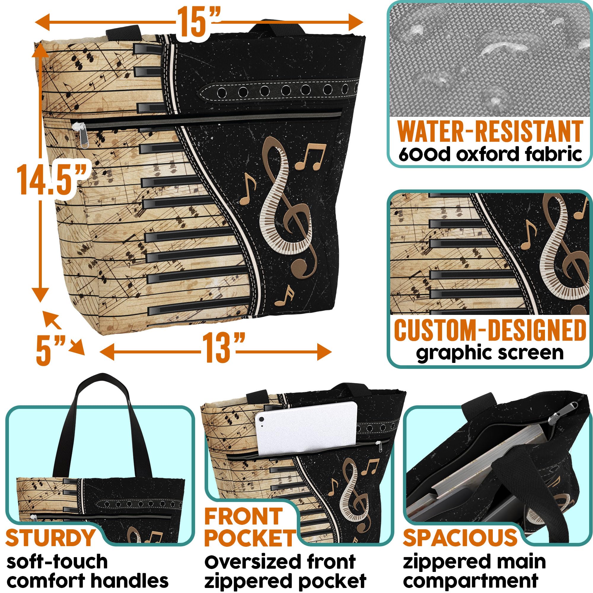 84hoods Women's Large Tote Bag with Pockets & Zipper - Stylish Work Shoulder Bag for Office, Travel & Shopping - Perfect Gift for Piano Players & Music Lovers