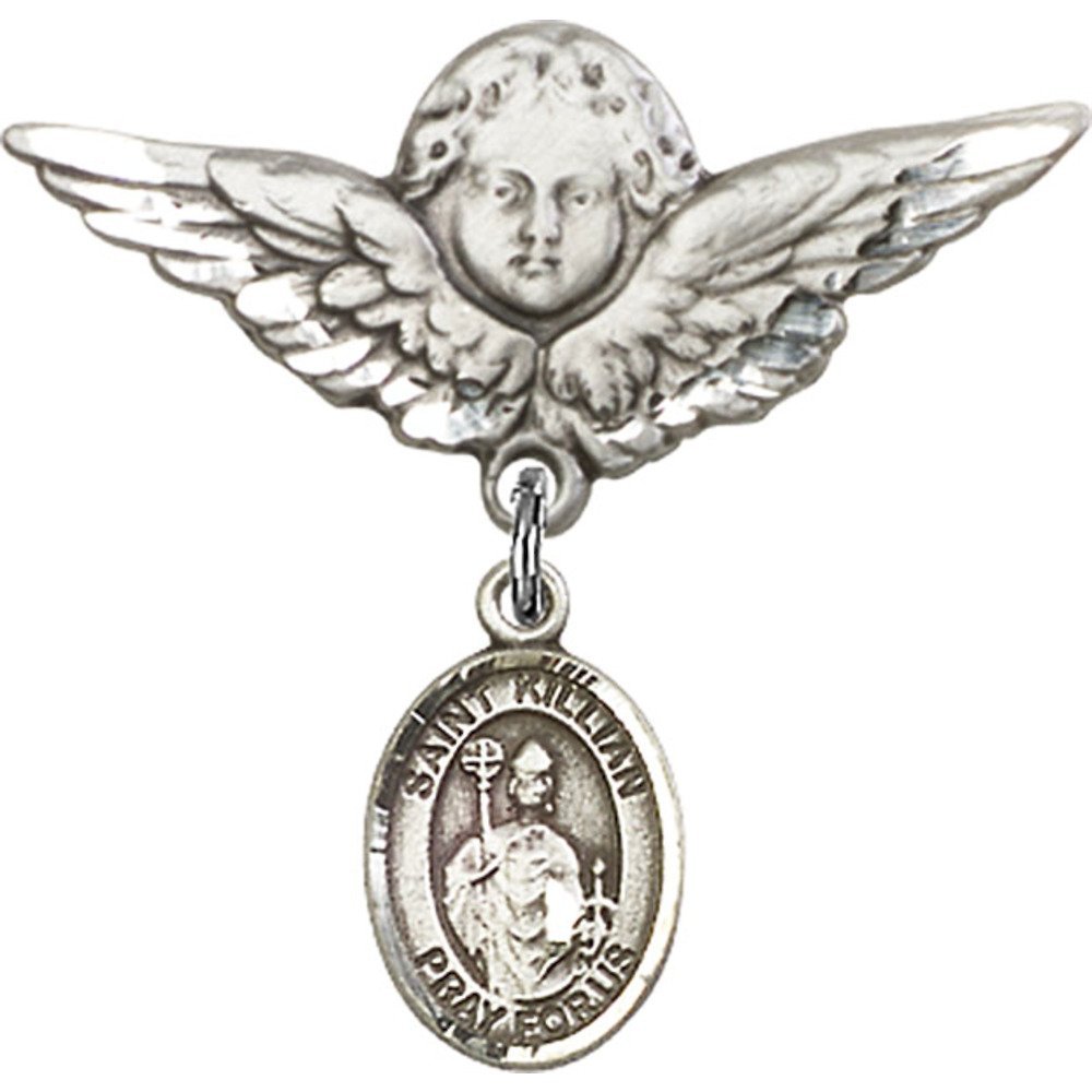 Sterling Silver Baby Badge with St. Kilian Charm & Angel Wing Pin - 1 1/8
