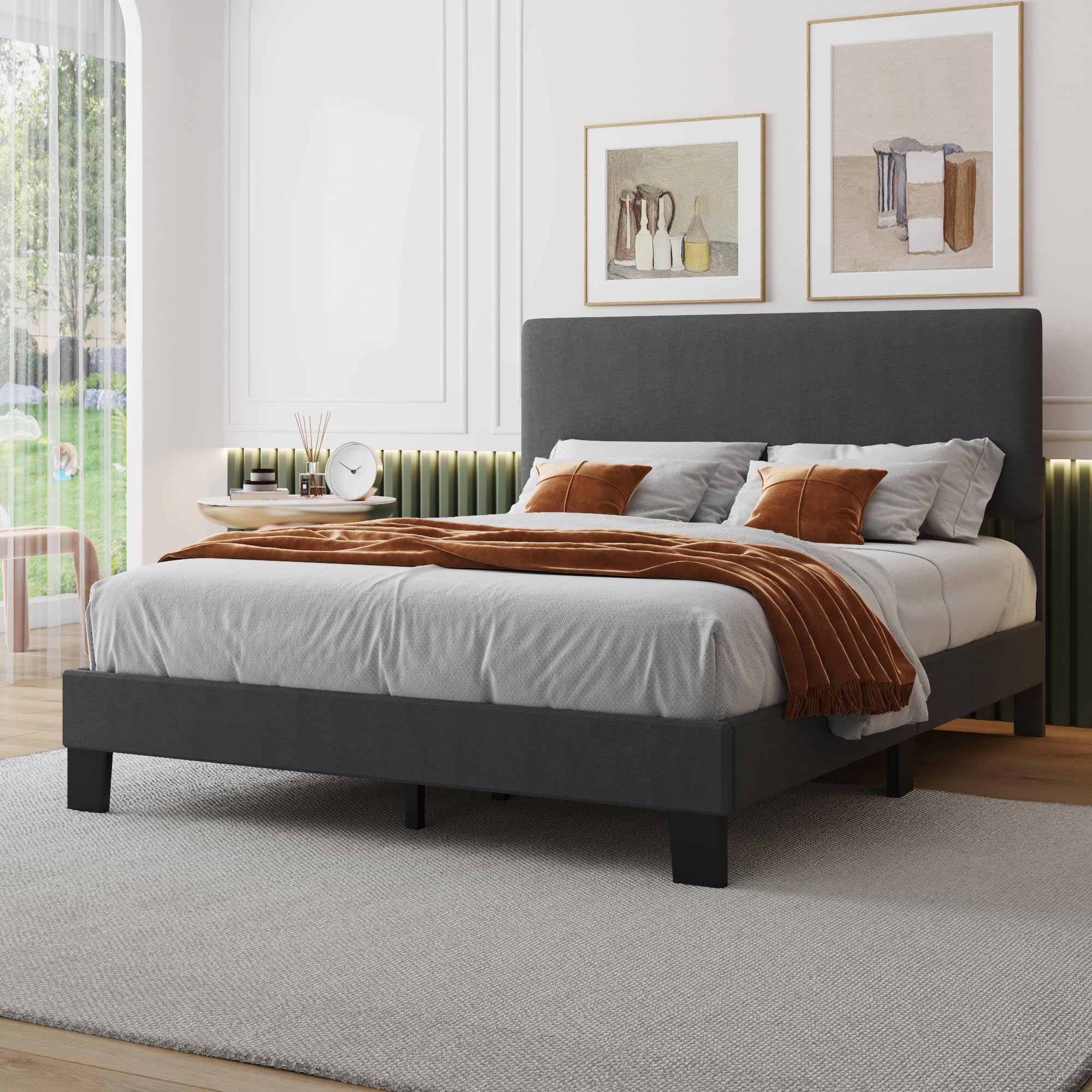 **Lifezone Queen Bed Frame with Upholstered Headboard - Dark Grey Wooden Slat Support, Heavy Duty Metal Feet, No Box Spring Needed - Easy Assembly for Bedroom, Guest Room, or Dorm**