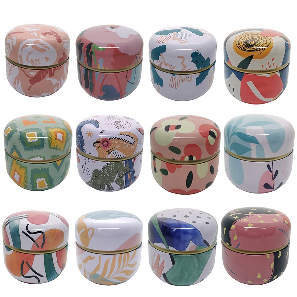 12-Pack Empty Tea Tin Can Candle Containers with Lids - Airtight Metal Storage Jars for Loose Tea, Coffee, Candy, Jewelry & Gifts - Perfect for Home, Office & DIY Crafts (Round Design)