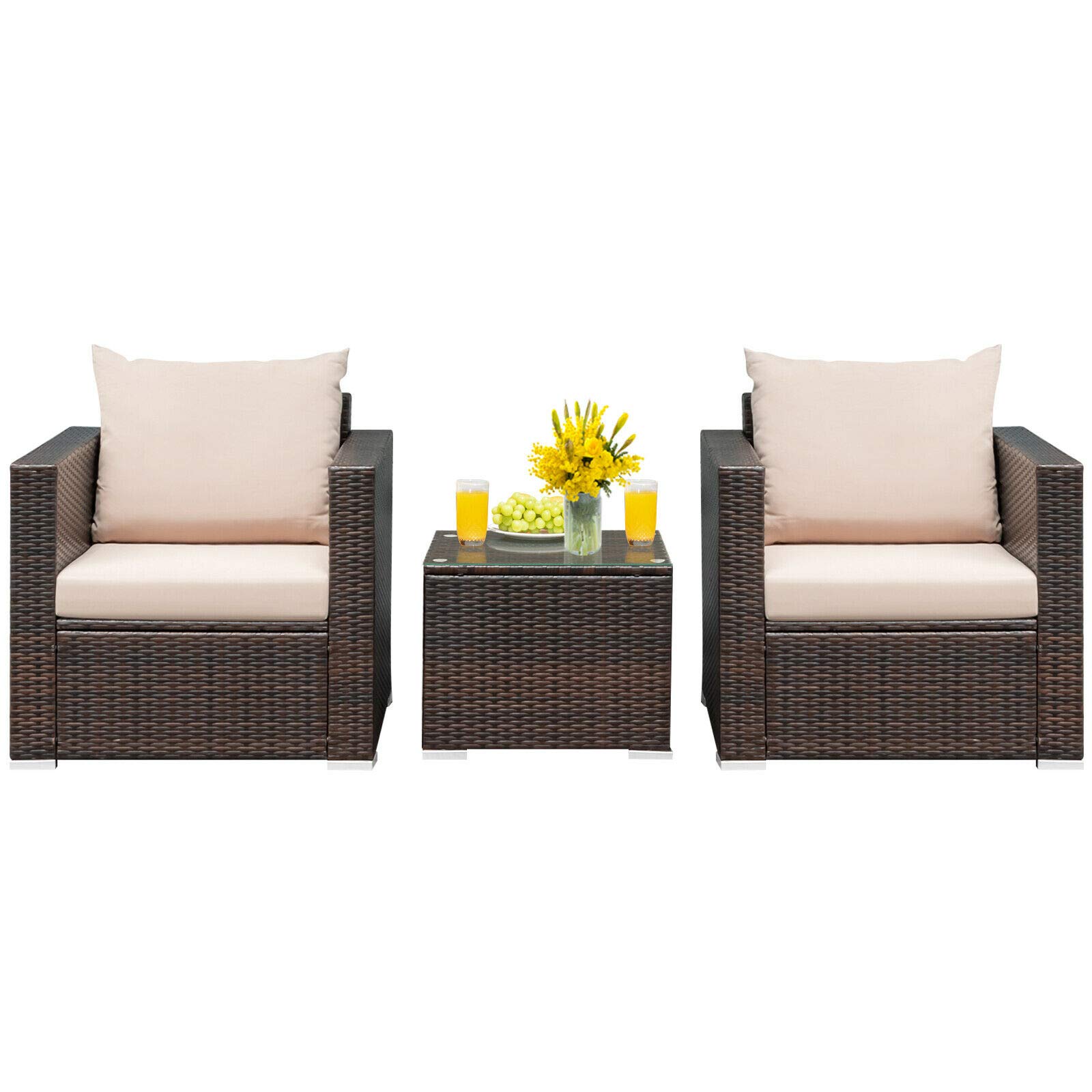 HappyGrill 3-Piece Patio Furniture Set with Coffee Table - Outdoor Rattan Wicker Conversation Sofa Set with Washable Cushions for Garden, Poolside, Backyard & Patio Relaxation