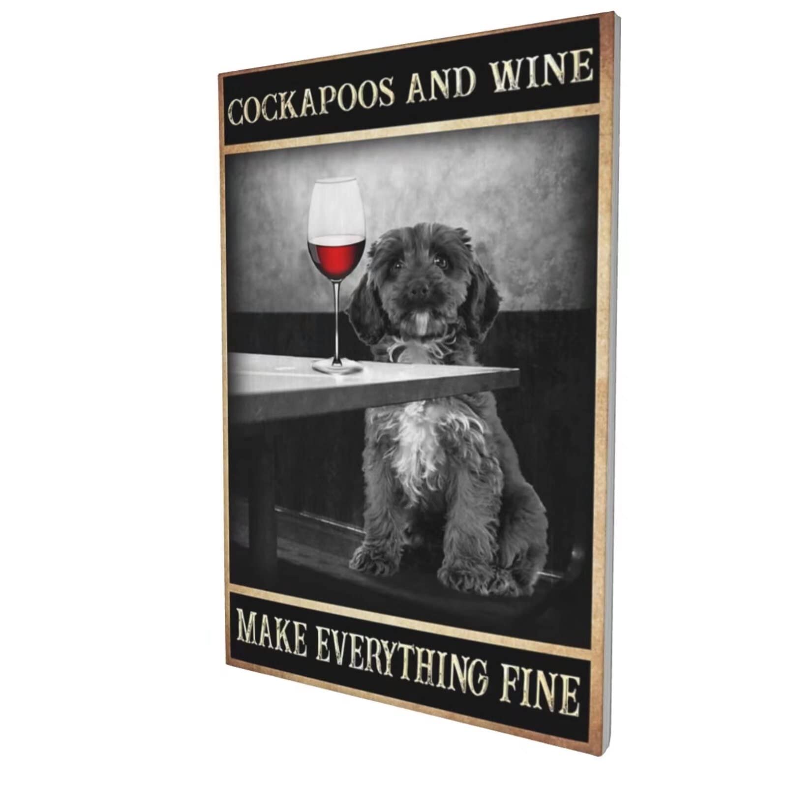 Abstract Black and White Cockapoo Dog & Wine Glass Canvas Wall Art - Modern Minimalist Home Decor for Living Room, Bedroom, Kitchen - 20x24 Inch Framed Print - Perfect for Pet Lovers & Wine Enthusiasts