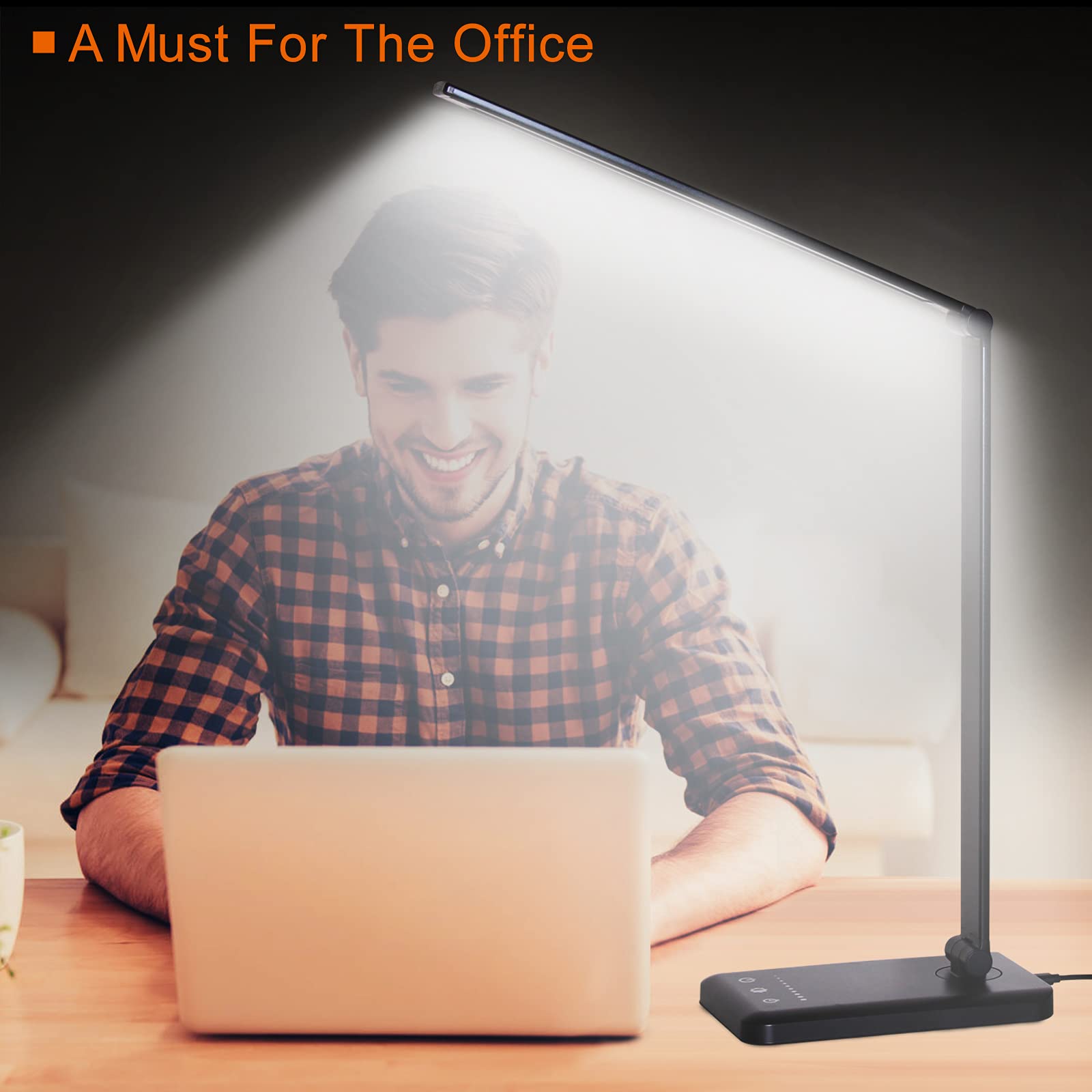 LED Desk Lamp with USB Charging Port - Eye-Caring Stepless Dimmable Office Light, Touch/Memory/Timer, 25 Brightness Levels, Foldable Design for Reading, Studying & Working - Perfect for Home Office, Dorm Room & Nightstand Use
