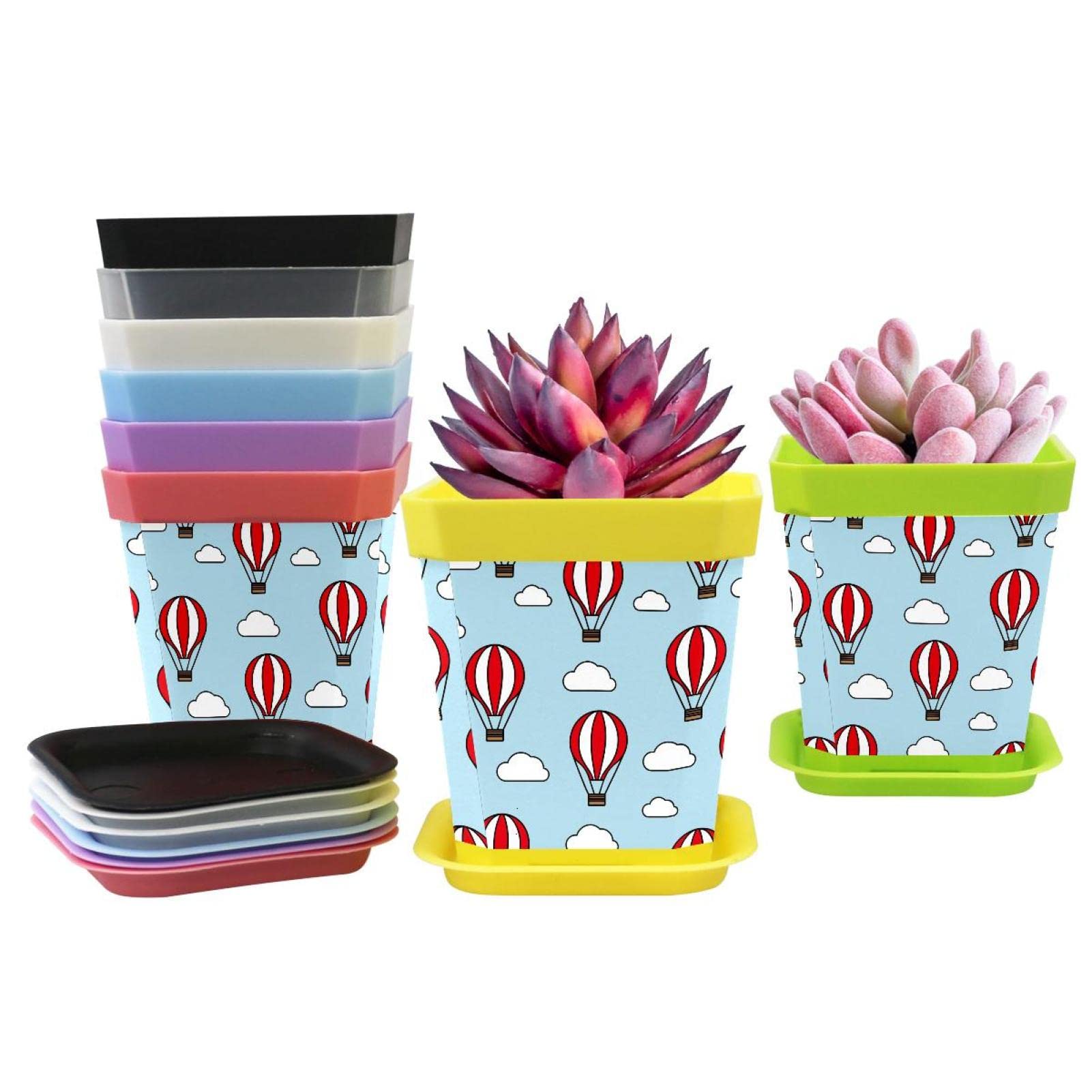 8 Pack Colorful Flower Plant Pots with Saucers - Thick Durable Hot Air Balloon Design for Indoor & Outdoor Decor - Perfect for Room, Garden, Office, Balcony, and Patio Plants