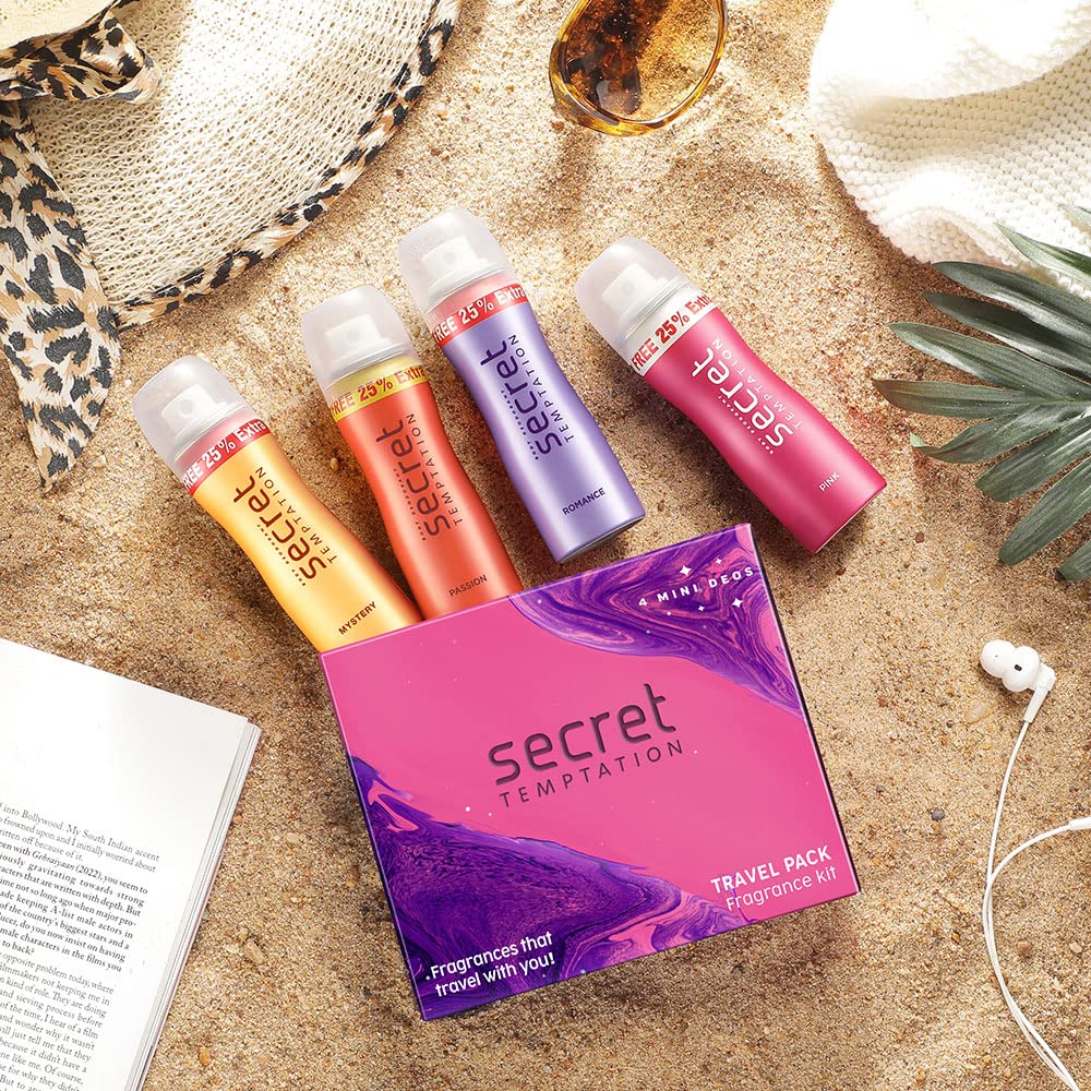 Secret Temptation Women's Travel Deodorant Set - 4 Pack (50ml Each) | Pink, Romantic & Mysterious Scent | Perfect for Gym, Travel & Everyday Freshness