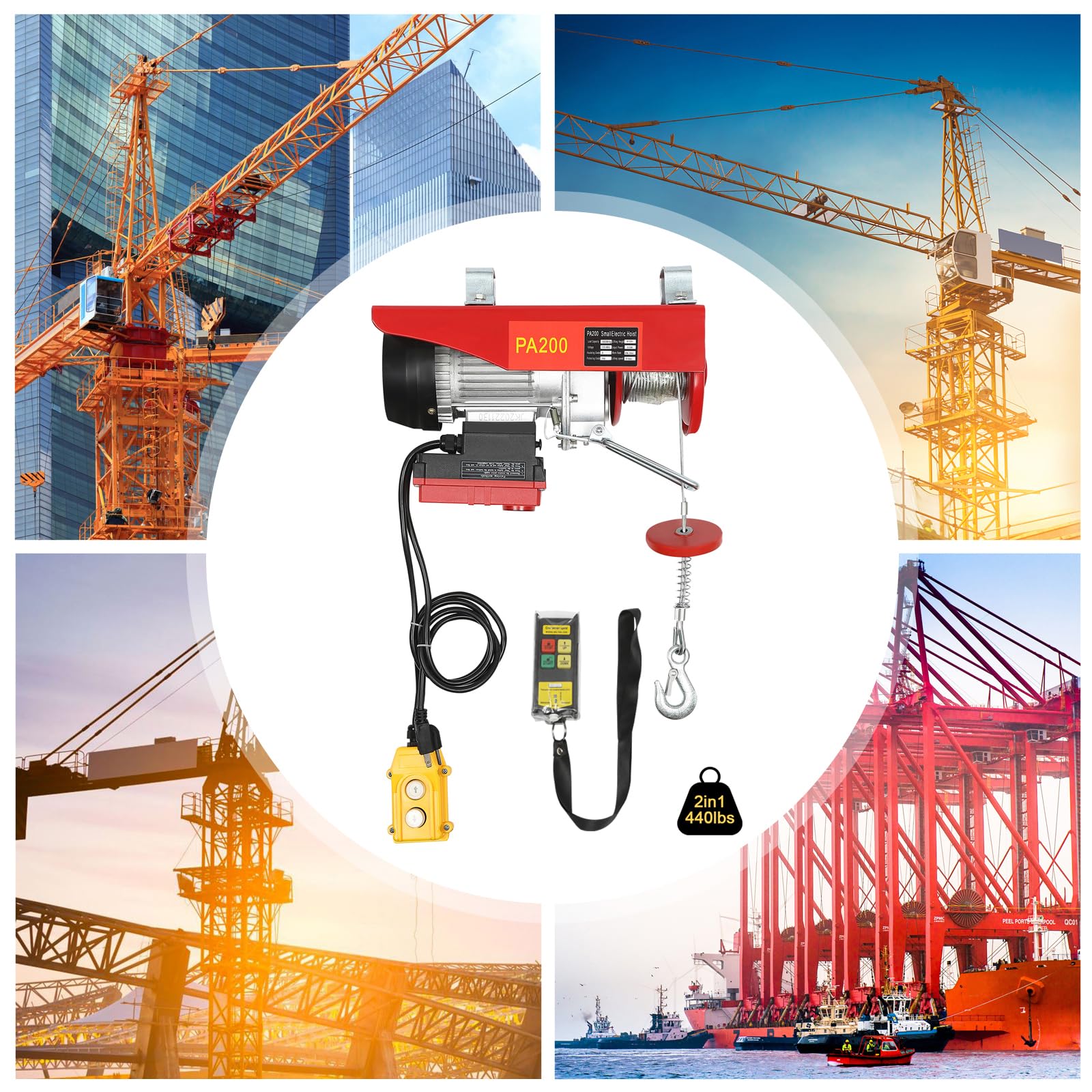 440 LBS Capacity 2-in-1 Wireless Electric Hoist - 510W 110V Steel Lift with Remote Control & Single/Double Slings - Perfect for Factory, Warehouse & Construction Site Lifting Operations