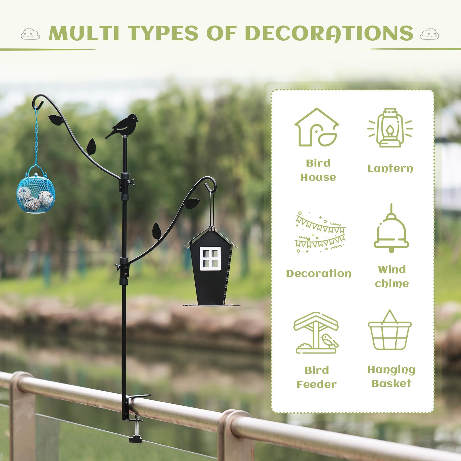 Deck Bird Feeder Pole with Multi-Hook & Adjustable Branches - Sturdy Outdoor Bird Feeding Station for Porch, Garden, or Patio - Attract Cardinals, Finches & More