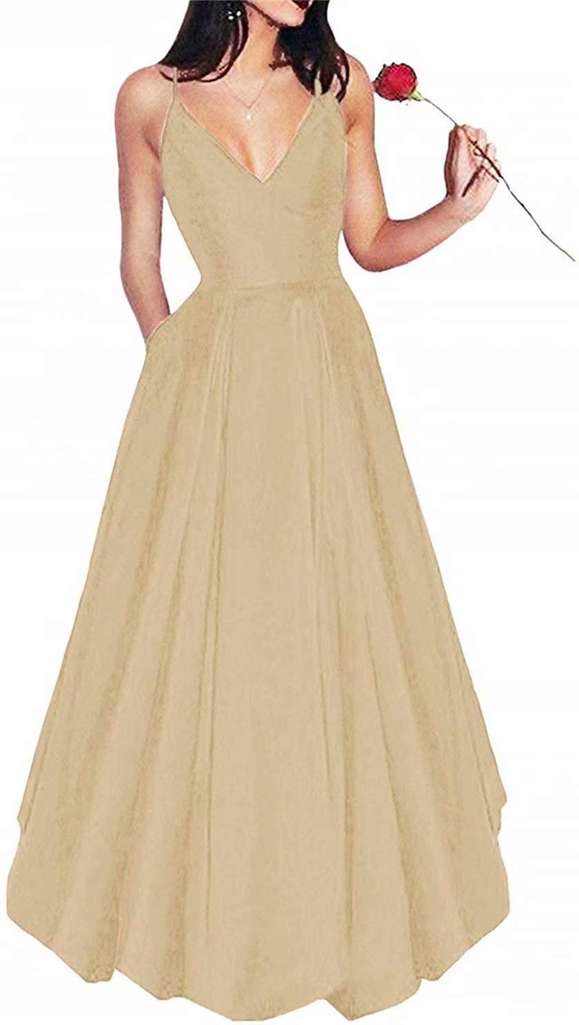 Elegant HellodayZ Satin Prom Dresses with Pockets - Plus Size Women's Double V-Neck Spaghetti Strap Evening Gowns for Homecoming, Ball & Formal Events