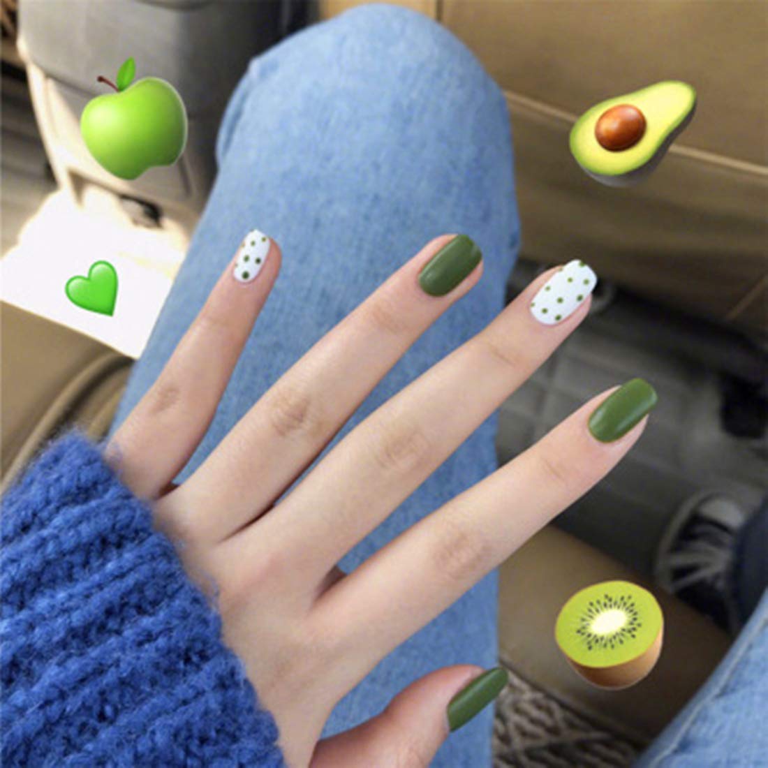 24Pcs Stunning Avocado Green Press on Nails with Glue - Long Lasting Fake Nails for Women, Easy to Apply & Reusable - Perfect for Parties, Weddings, Date Nights & Special Occasions