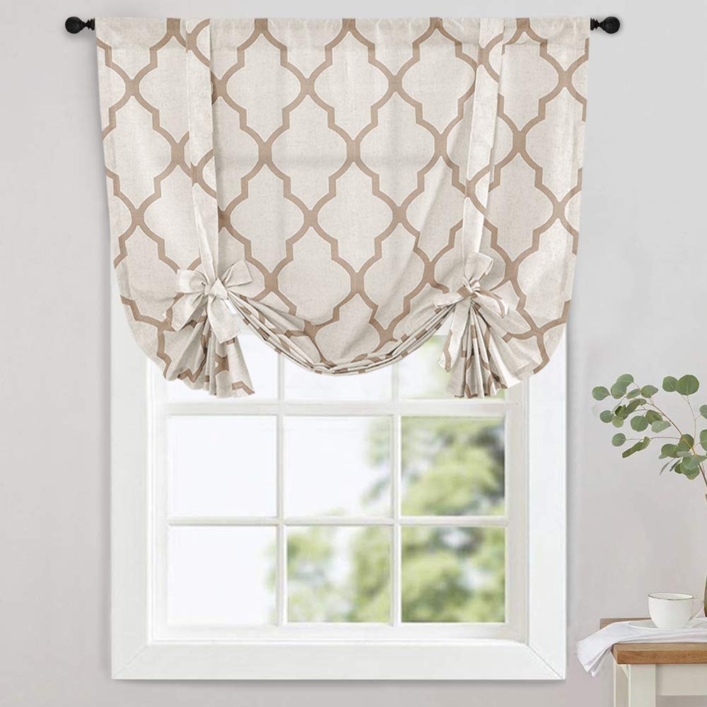 Jinchan Moroccan Printed Window Curtains - 45 Inch Tie-Up Shade Drapes with Rod Pocket, Medallion Flax Design in Taupe/Beige for Living Room, Bedroom & Small Windows | Light Filtering & Privacy