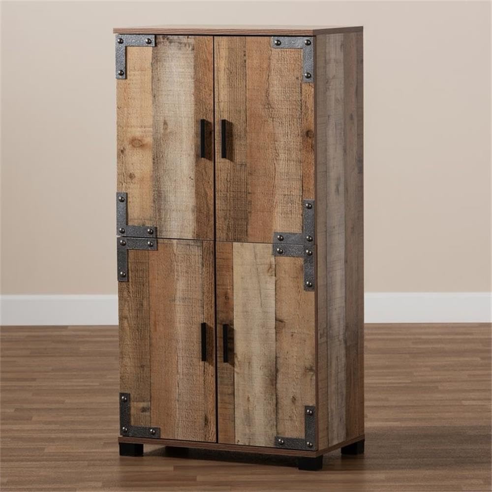 BOWERY HILL Rustic Brown 4-Door Wooden Shoe Storage Cabinet - Organize Entryway, Closet & Bedroom Shoes | Space Saving Shoe Rack for Home & Office