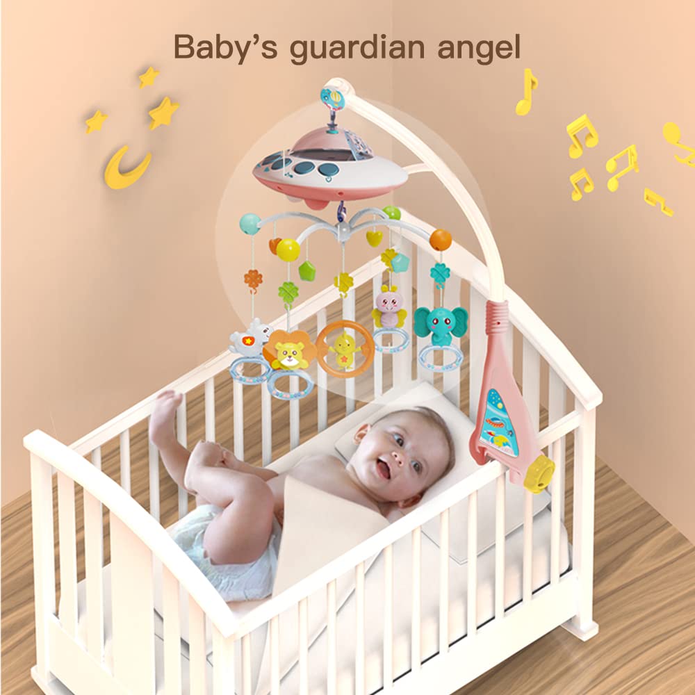 Baby Musical Crib Mobile with Night Light & Soothing Music - Rotating Animal Rattles, Star Projection, Remote Control - Newborn Nursery Toy for Boys & Girls (Pink) | Perfect for Bedtime, Nursery Decor & Infant Sensory Development