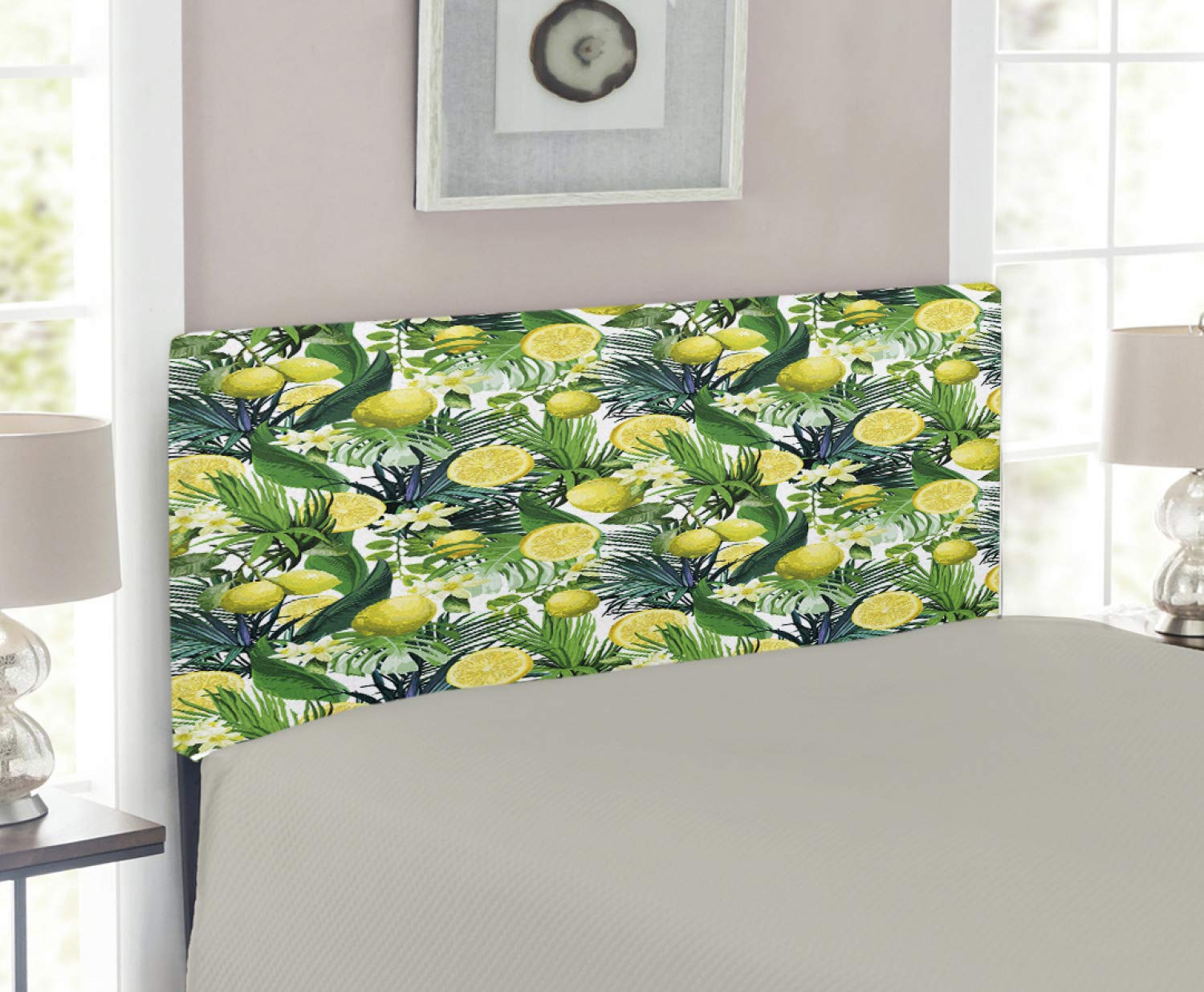 Ambesonne Tropical Plants Headboard - Large Evergreen Leaf Lemon Palm Jungle Design Upholstered Metal Bed Headboard with Memory Foam - Twin Size Yellow Forest Green - Perfect for Bedroom Decor & Jungle Theme Rooms