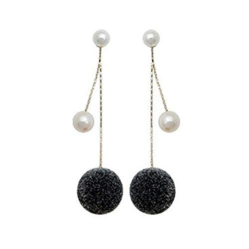 Fashion Faux Pearl Plush Ball Long Chain Dangle Earrings for Women - Trendy Stud Hook Earrings, Perfect Gift Jewelry for Girls & Women (Black) - Ideal for Parties, Weddings & Everyday Wear