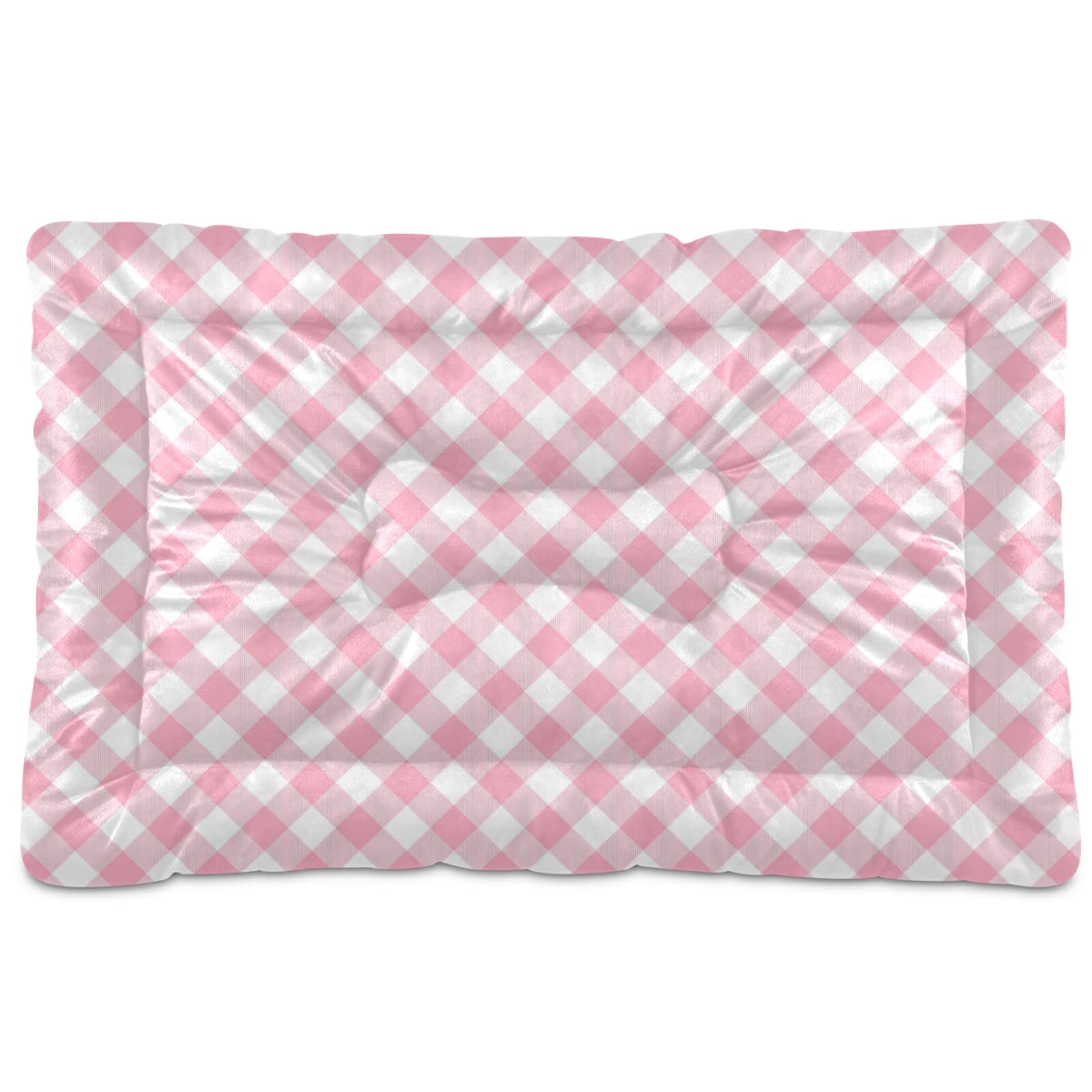 Pink Gingham Dog Bed for Small & Medium Dogs - Ultra Soft Rectangular Pet Bed with Calming Design, 24x18 Inch - Perfect for Crates, Living Rooms & Bedrooms