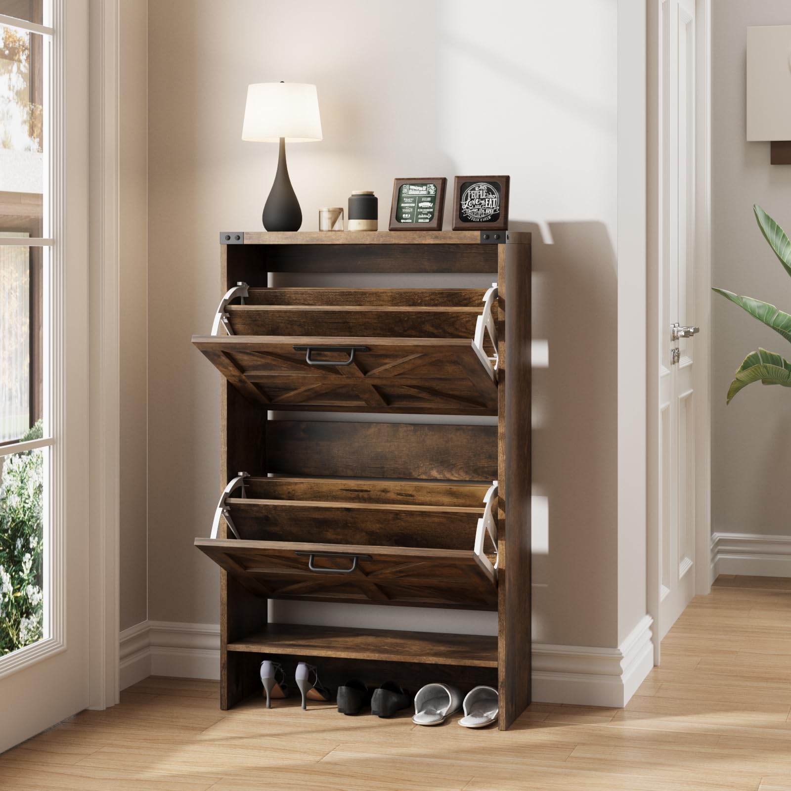 Farmhouse Style Slim Shoe Cabinet with 2 Flip-Up Drawers - Narrow Entryway Storage Organizer for Hidden Shoes - Brown Wooden Shoe Rack - Perfect for Small Spaces, Hallways, and Closet Organization