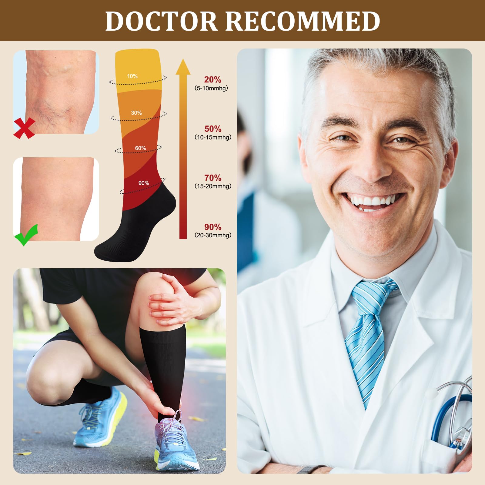4 Pairs Cotton Compression Socks for Women & Men (20-30mmHg) - Best Support Stockings for Running, Hiking, Cycling - Improve Circulation & Reduce Swelling for Travel & Work