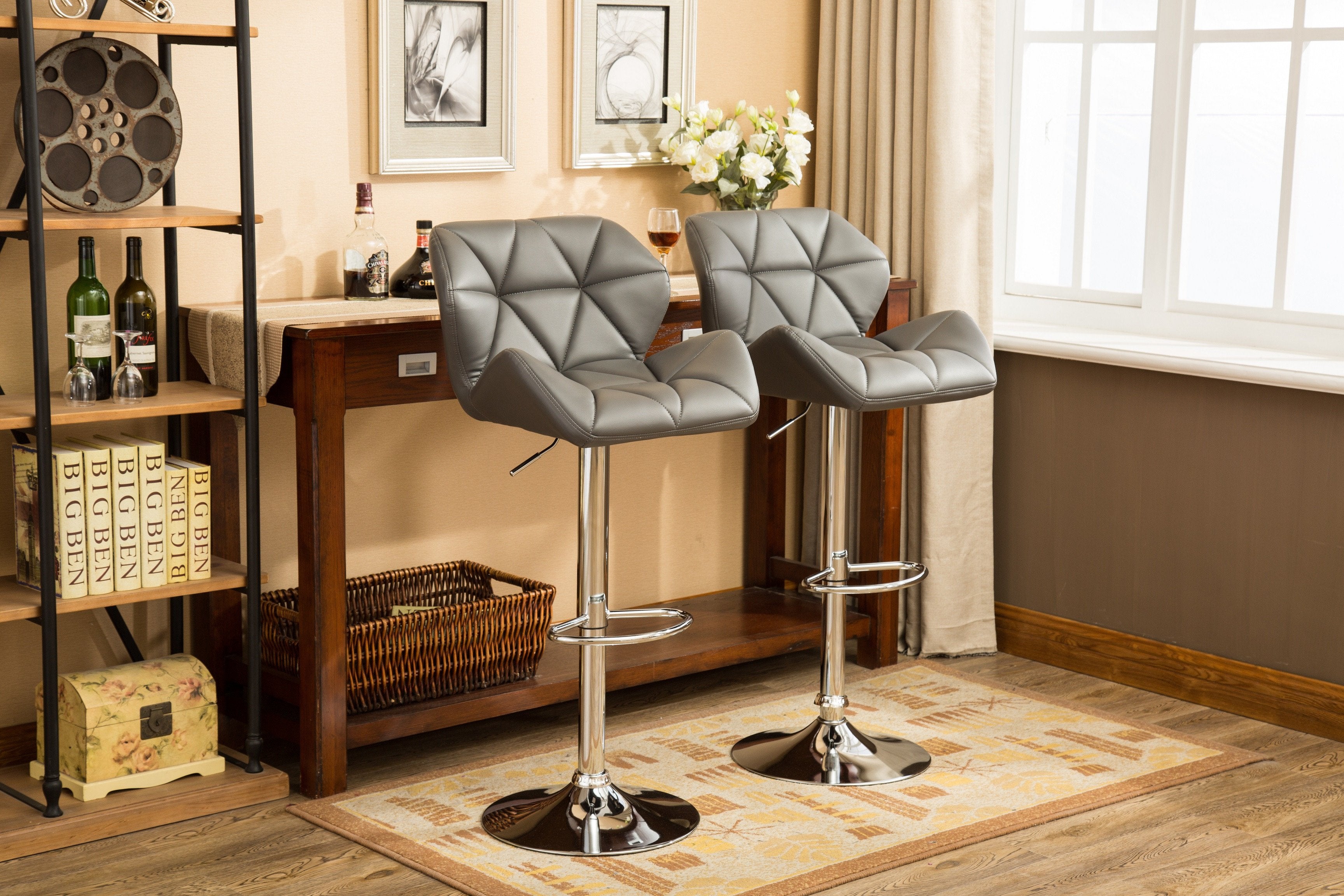 Roundhill Furniture Glasgow Contemporary Tufted Adjustable Height Hydraulic Bar Stools, Grey, Set of 2 - Perfect for Kitchen Islands, Home Bars & Modern Dining Areas