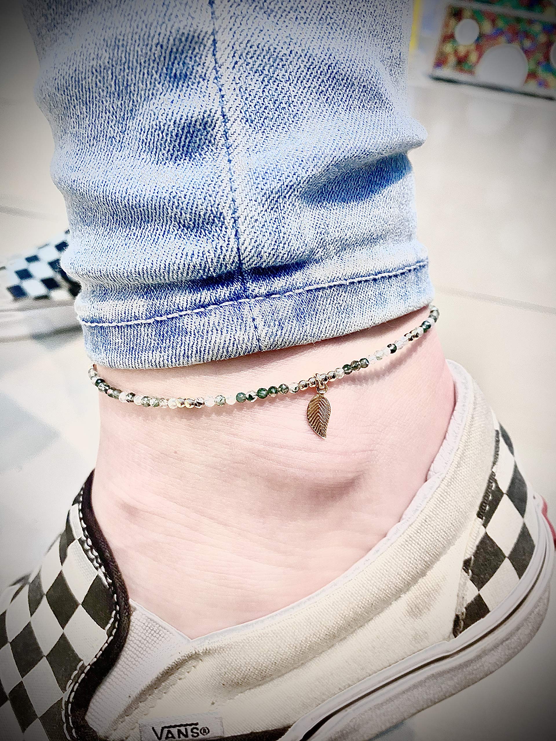 Moss Agate Anklet with Leaf Charm for New Beginnings, Abundance & Success - 14k Gold Filled Non-Tarnish Ankle Bracelet - Perfect for Yoga, Meditation & Spiritual Healing