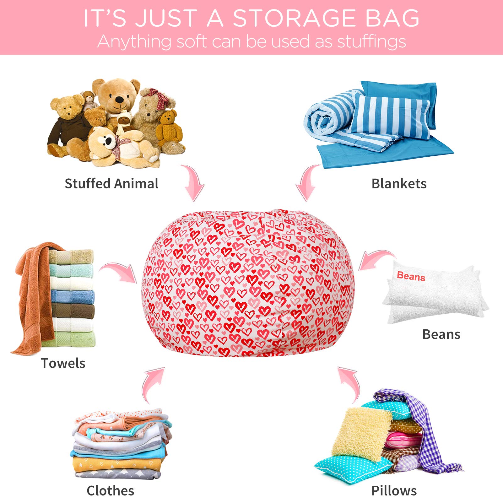 Aubliss Stuffed Animal Storage Bean Bag Chair - Convertible Plush Toy Organizer & Kids Bean Bag Seat - 38