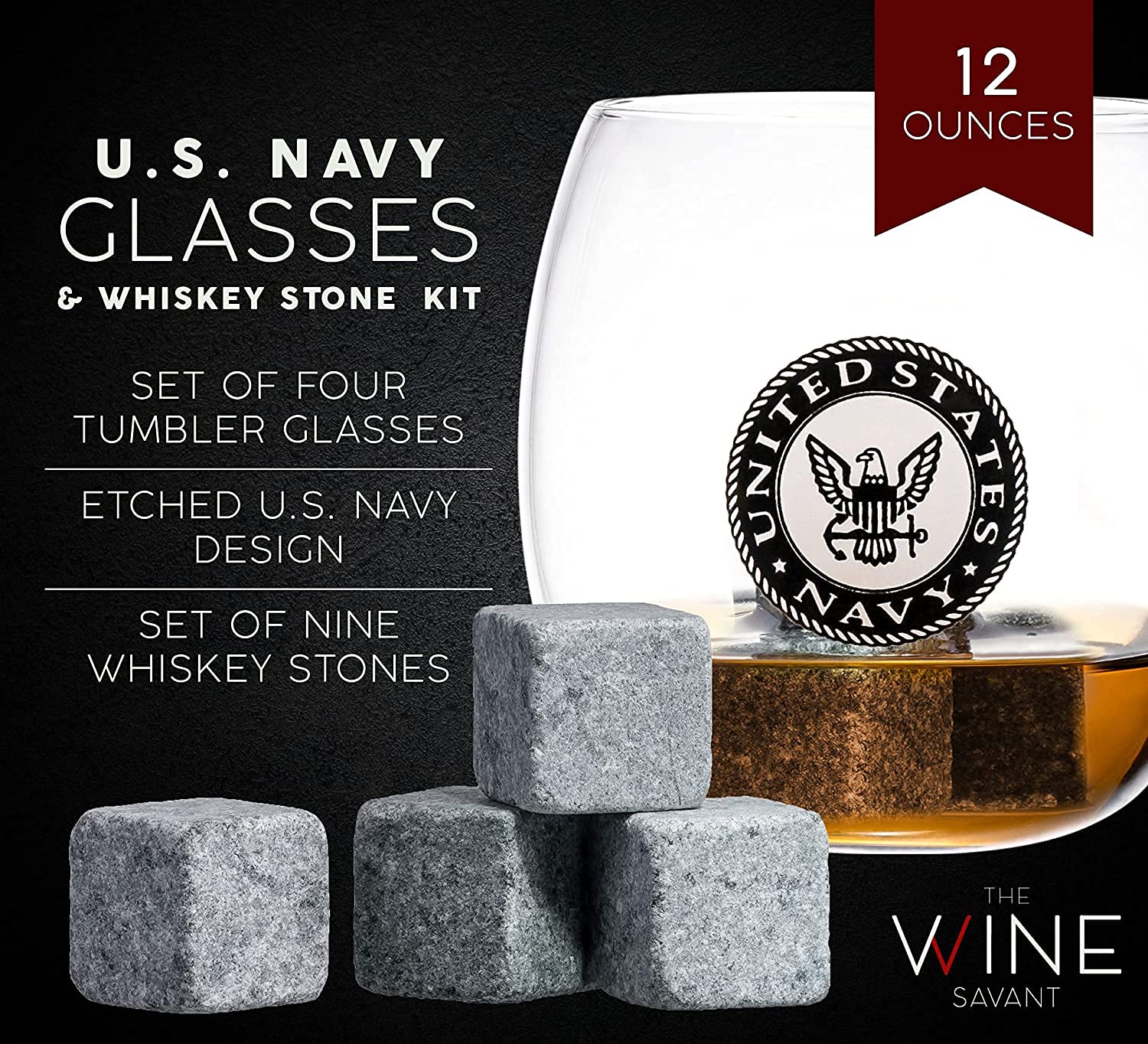 Premium U.S. Navy Globe Whiskey Decanter Set with 4 Crystal Glasses & 9 Whiskey Stones - Veteran Gift Box with Wooden Base - Patriotic Military Bourbon Scotch Gifts for Men, Dad - Perfect for Home Bars, Man Caves & Navy Themed Parties