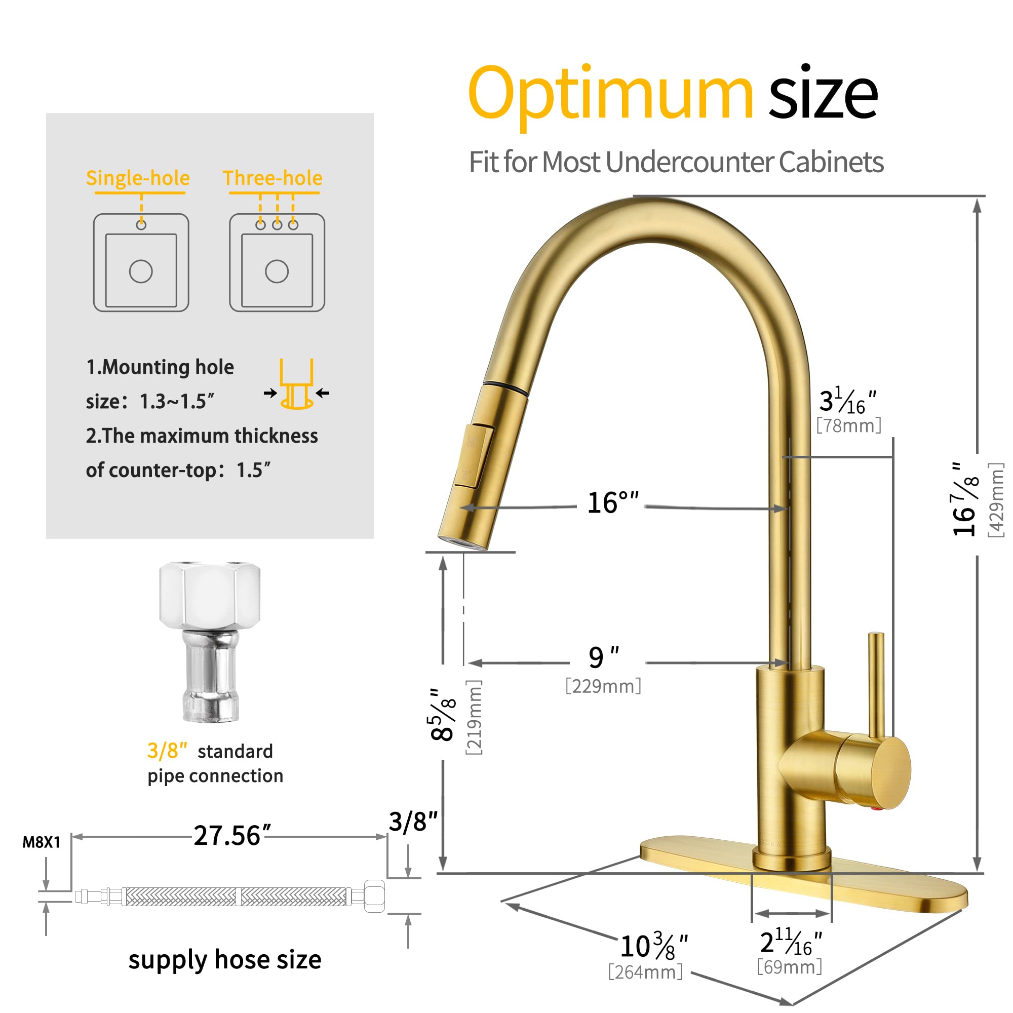 SOKA Commercial Kitchen Faucet with Pull Down Sprayer - RV Touch Faucet for Kitchen Sink, Single Handle High Arc Gold Faucet for Travel Trailers - Fits 1 & 3 Hole with Deck Plate - Perfect for RV, Tiny Homes & Mobile Kitchens