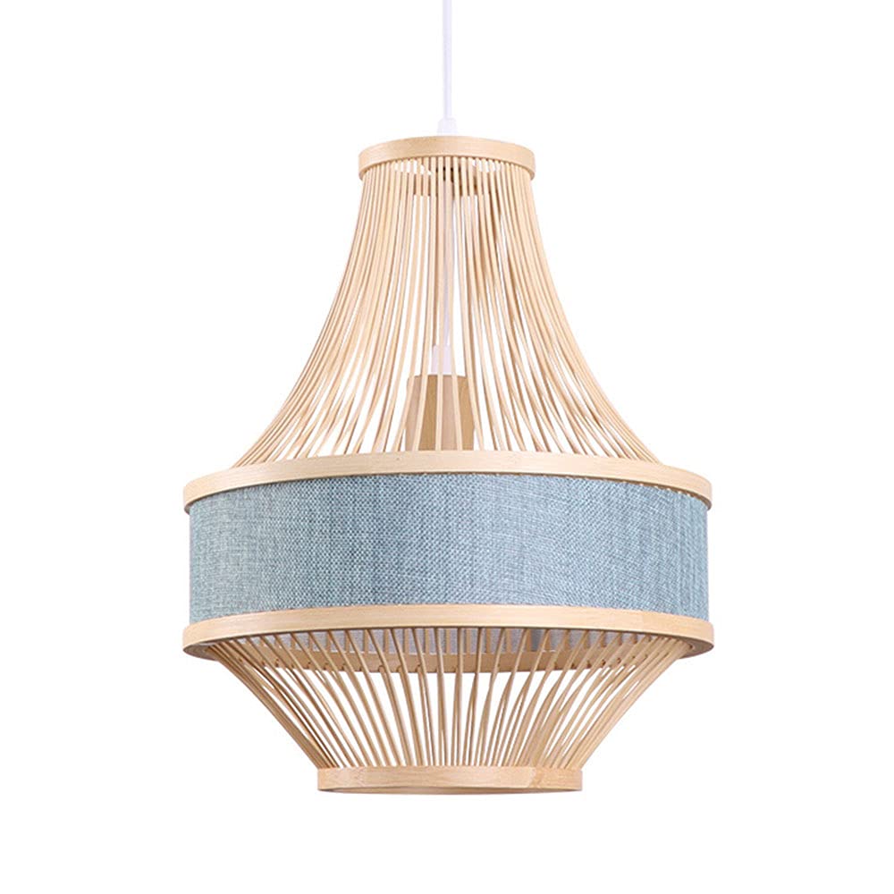 Vintage Bamboo Basket Chandelier - 30x37cm Wicker Ceiling Pendant Light with Fabric Lampshade in Blue | Perfect for Boho, Farmhouse & Coastal Home Decor