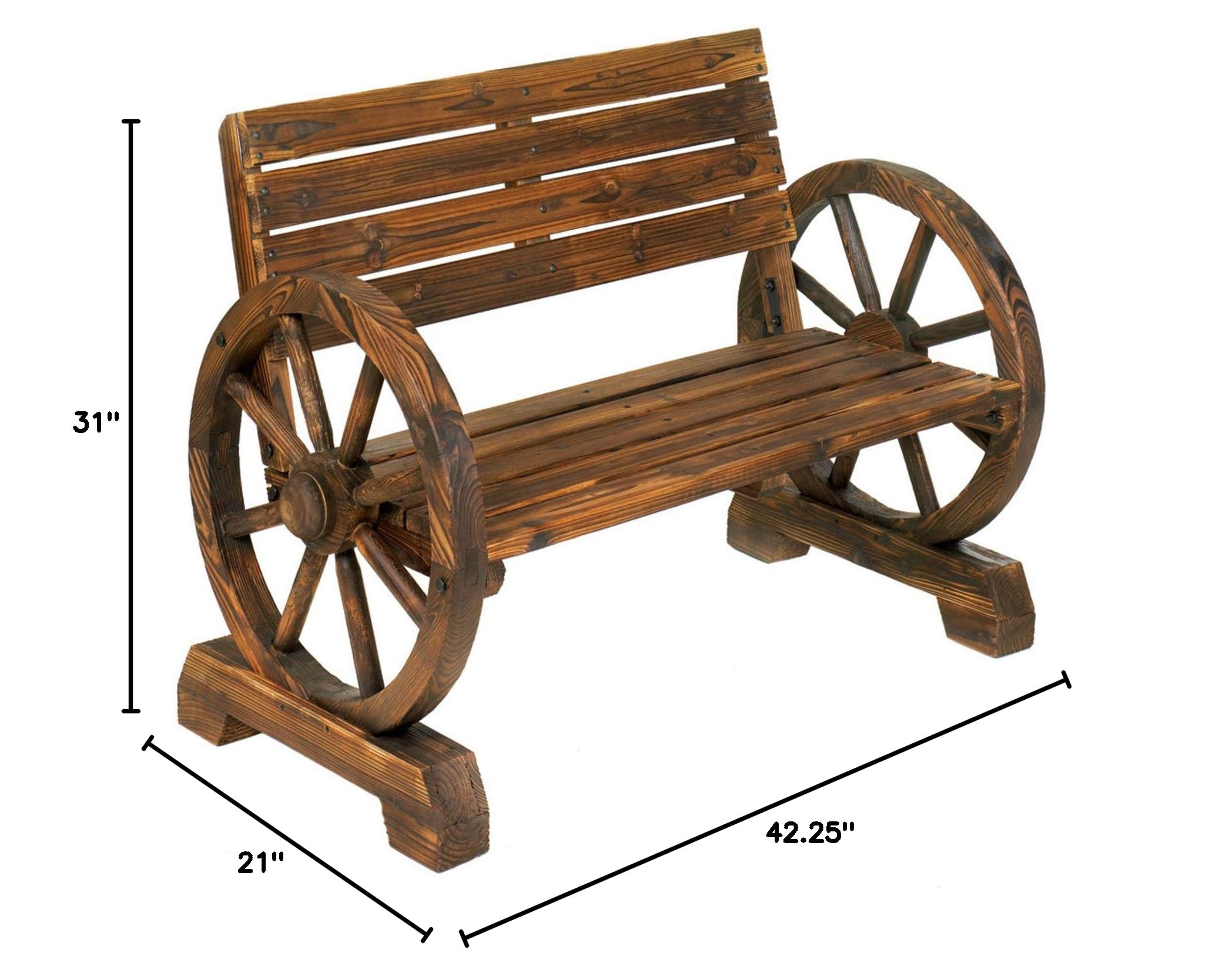 Rustic Wood Wagon Wheel Bench - Handmade Farmhouse Garden Furniture for Patio, Porch & Outdoor Decor - Perfect for Country Style Home & Yard Decoration
