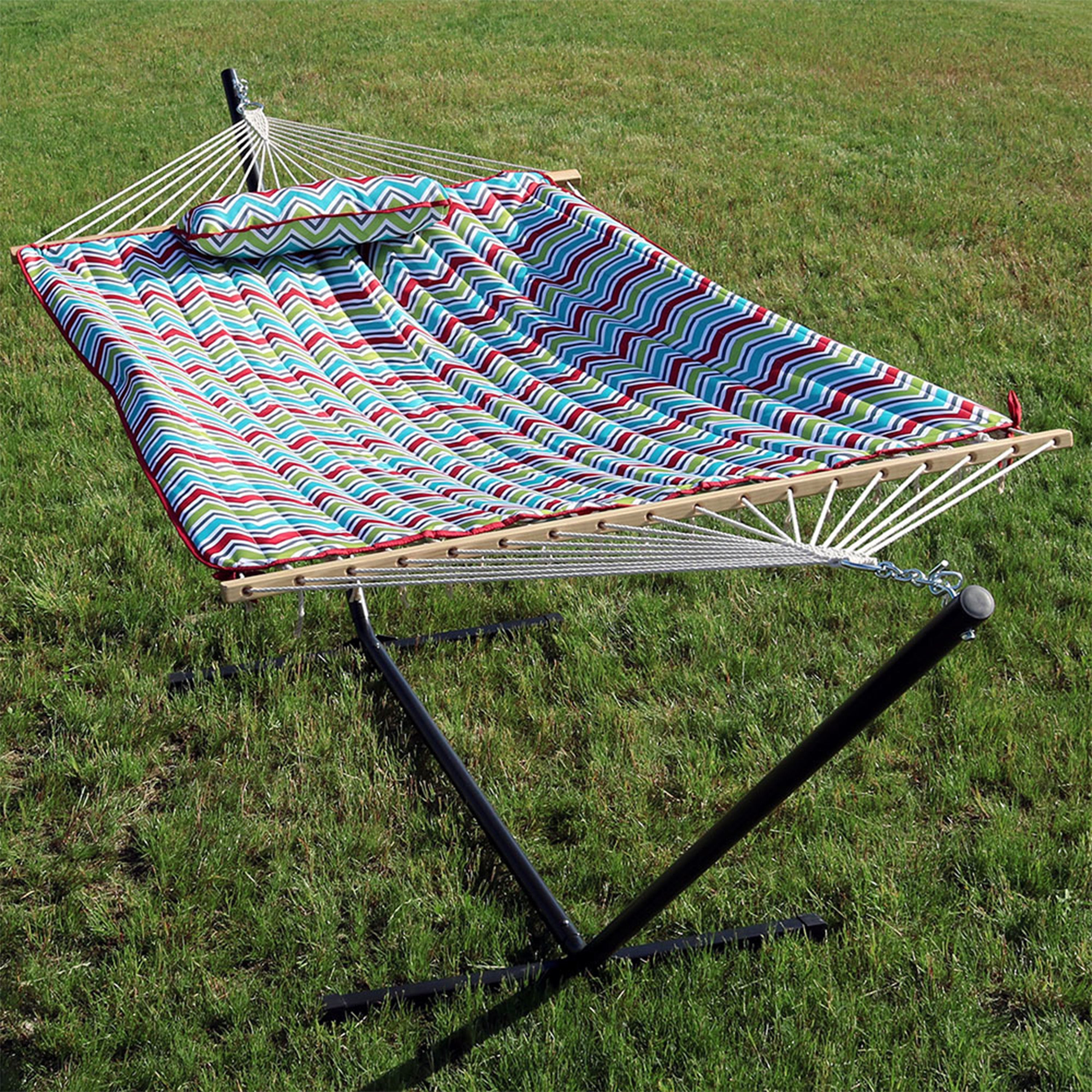 Premium Sunnydaze Rope Hammock with 12-Foot Steel Stand, Comfortable Pad & Pillow - Perfect for Backyard Relaxation, Beach Lounging & Outdoor Camping