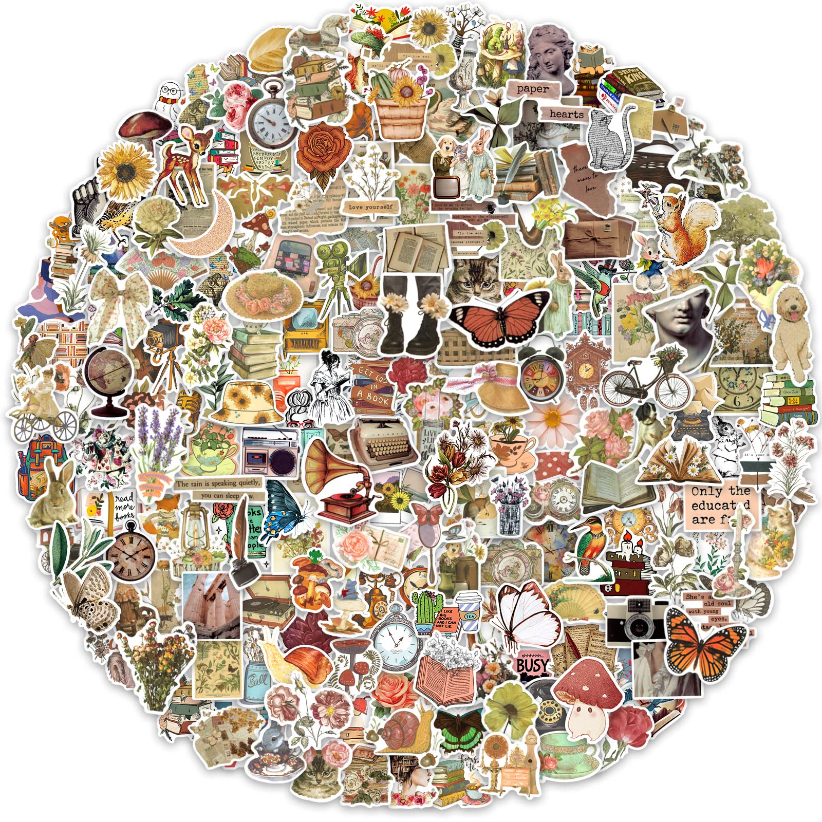 300pcs Vintage Scrapbook Stickers Pack - Aesthetic Waterproof Stickers for Water Bottles, Laptops, Skateboards | Retro Decorative Stickers for Journals, Planners, DIY Crafts | Perfect for Teens, Adults & Kids - School, Office, Home Decor Use